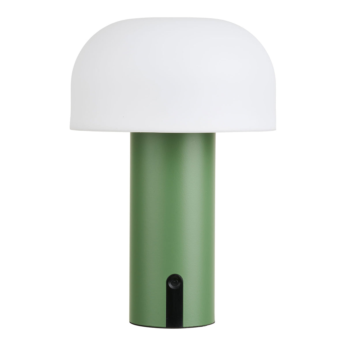 Lampe portable sans fil Soham au dôme blanc dépoli et pied vert mat vue de face éteinte