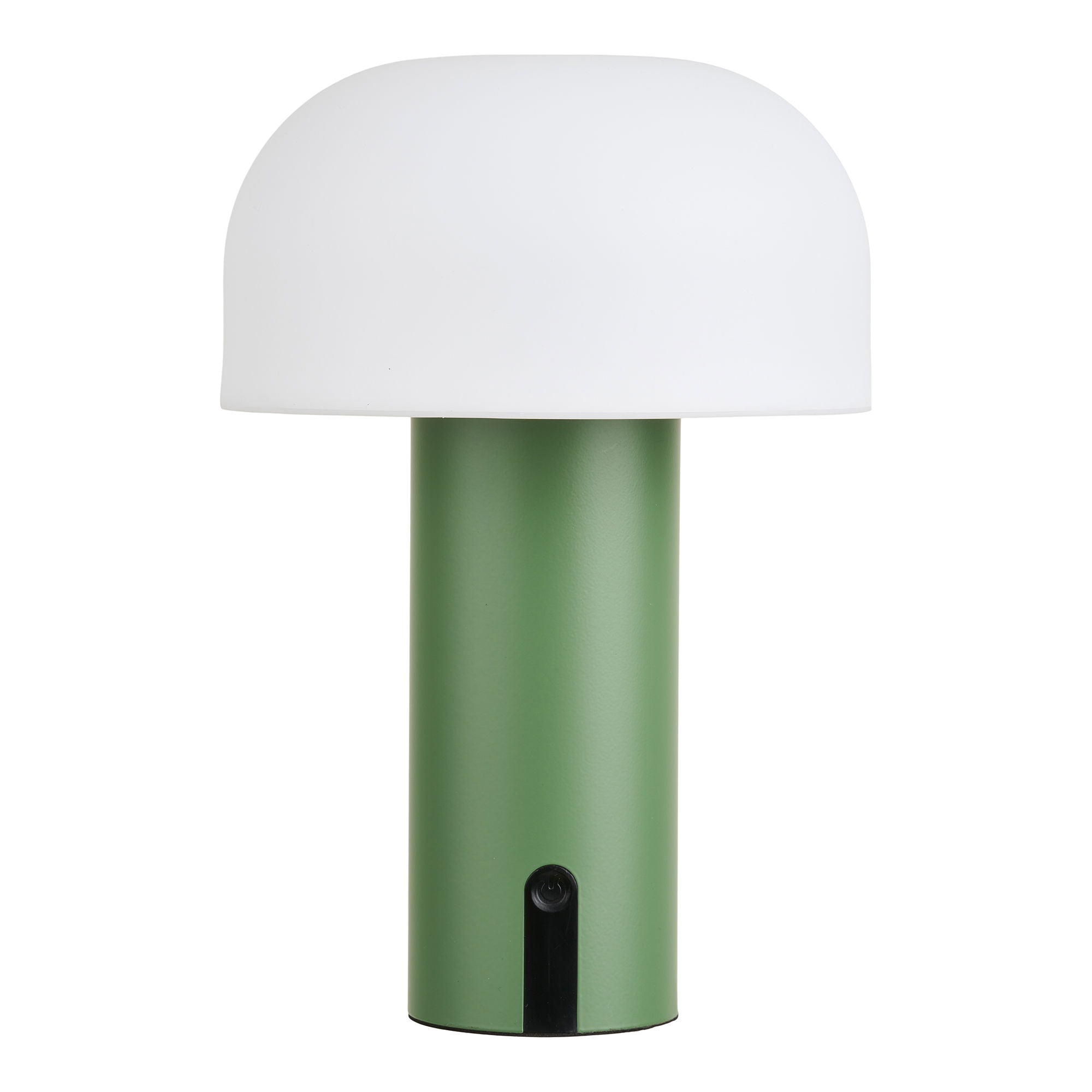 Lampe portable Soham LED pied vert mat abat-jour blanc champignon, vue de face éteinte