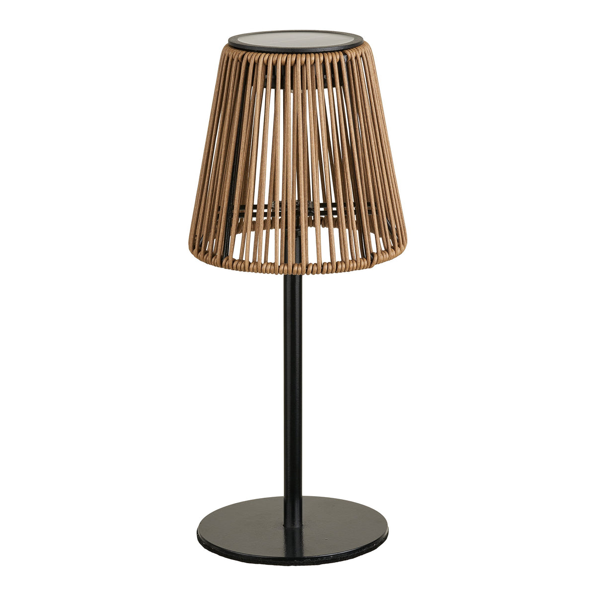 Lampe solaire de table Salford abat-jour en polyrattan naturel et pied en métal noir sur fond blanc