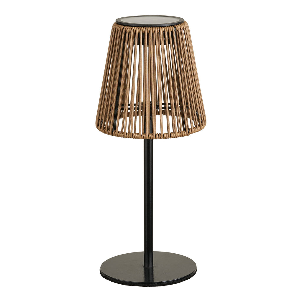 Lampe solaire table Salford abat-jour polyrattan naturel pied métal noir fond blanc