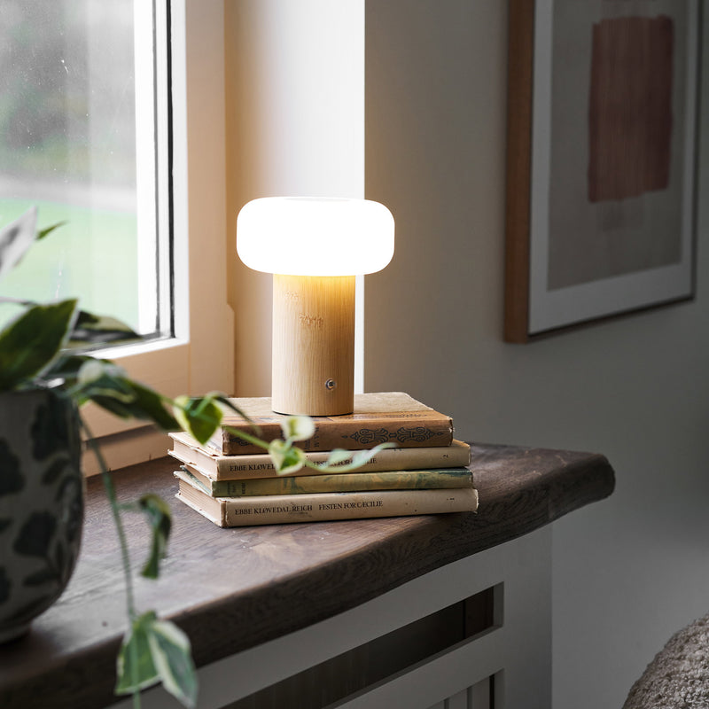 Dimensions Stafford Rechargeable Bamboo and White Table Lamp