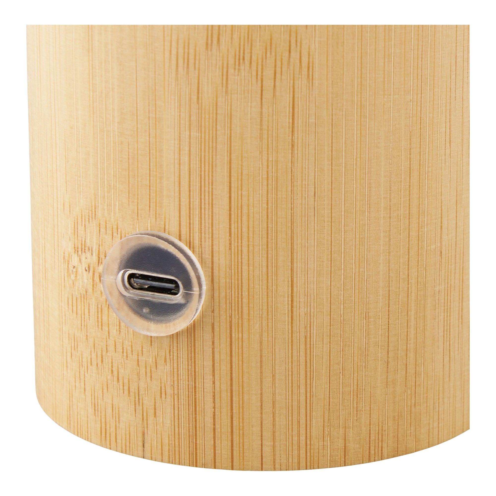 Détail port USB-C recharge lampe Stafford fût cylindrique bambou naturel