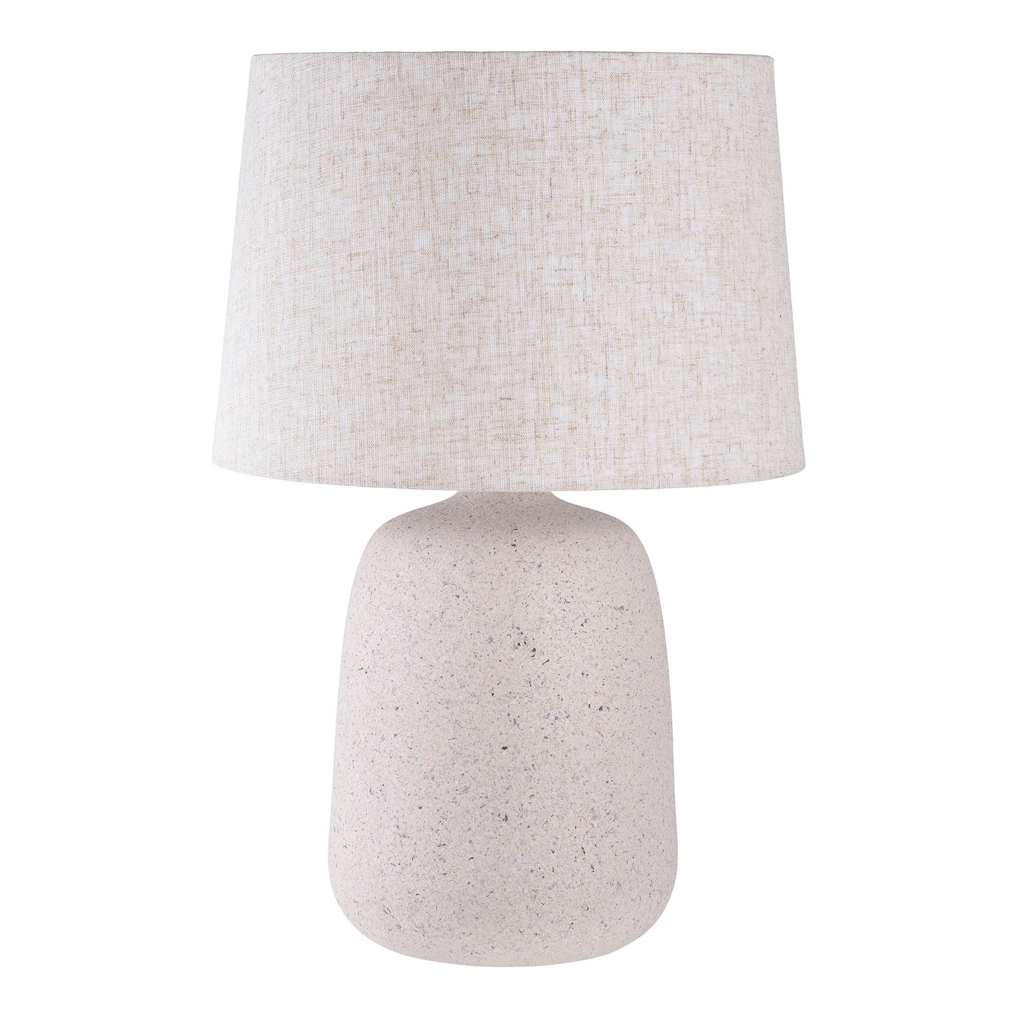 Lampe de table Croft céramique effet pierre sable abat-jour lin beige fond blanc