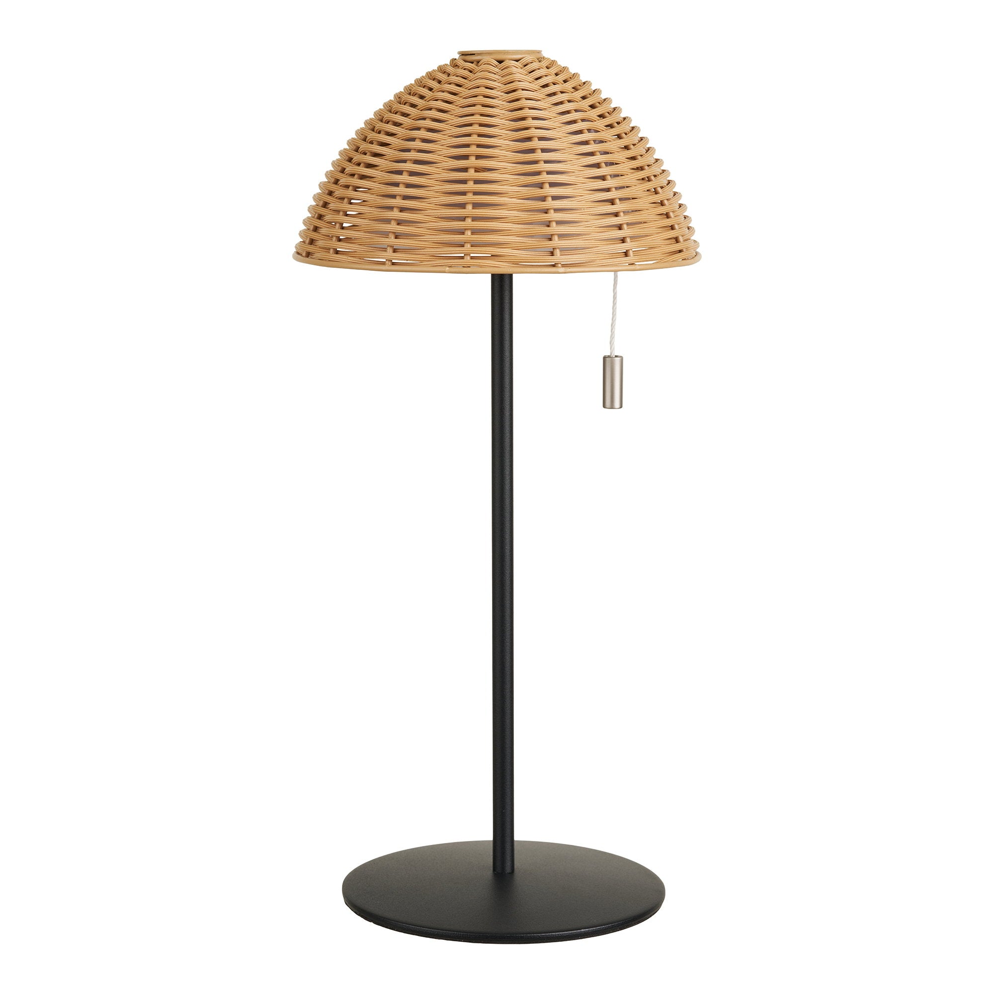 Lampe table LED rechargeable Wigan abat-jour rotin naturel pied noir fond blanc