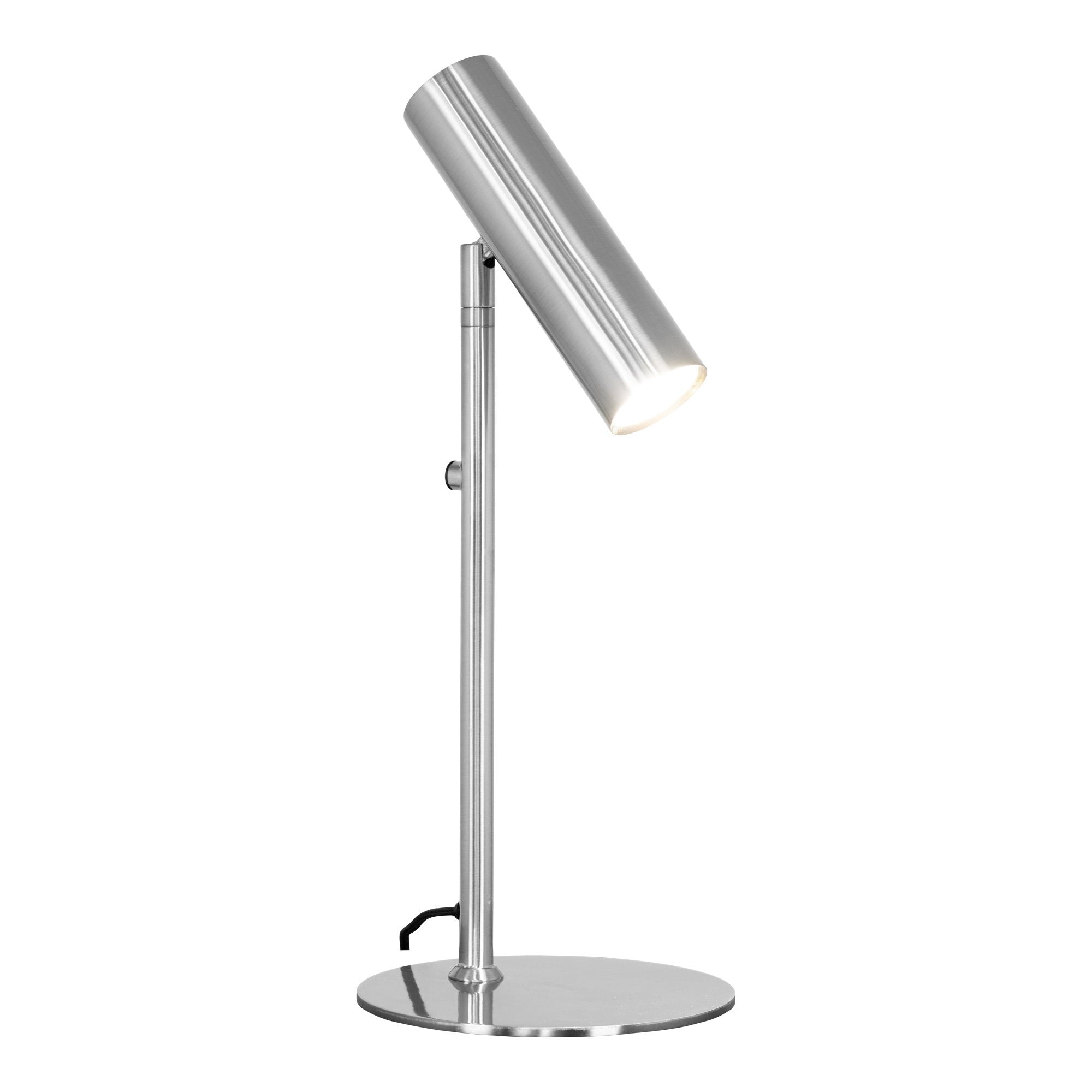 Lampe de table Paris argentée allumée, faisceau orienté, acier brossé design contemporain