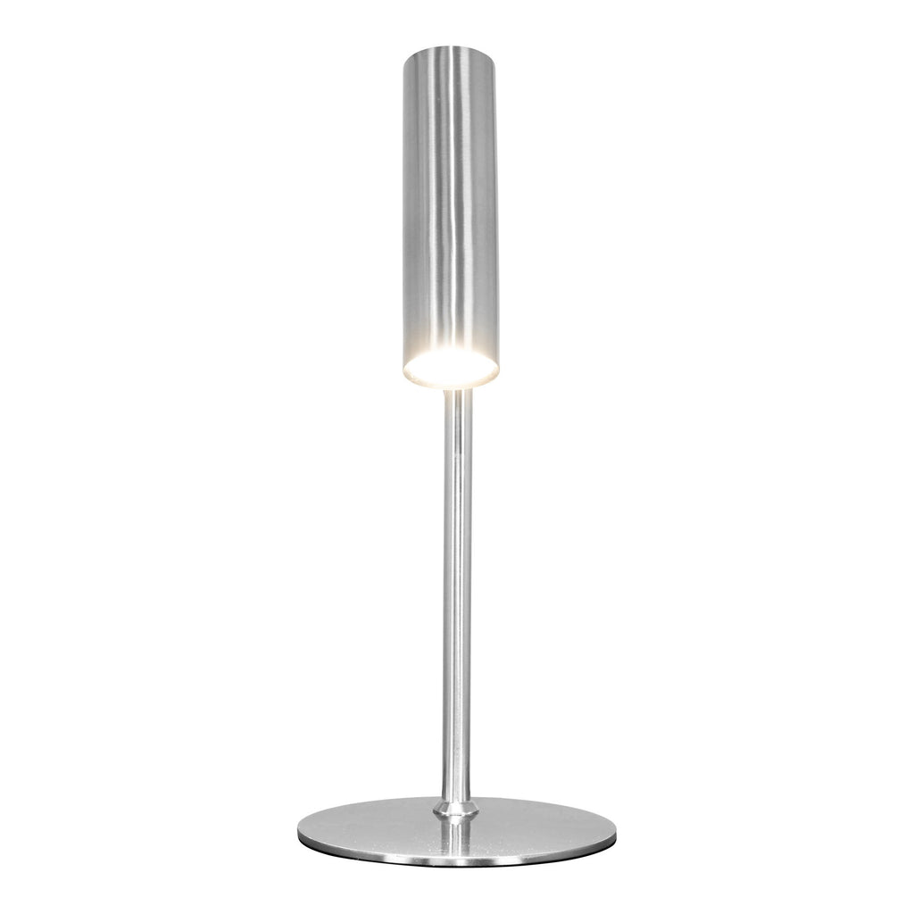 Lampe de table Paris argentée allumée position verticale, éclairage LED GU10, acier poli