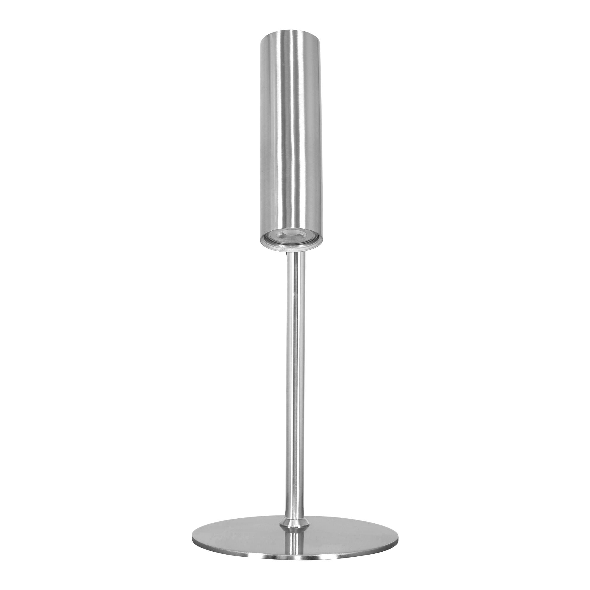 Lampe de table Paris argentée en acier, tête cylindrique en position verticale, vue de face
