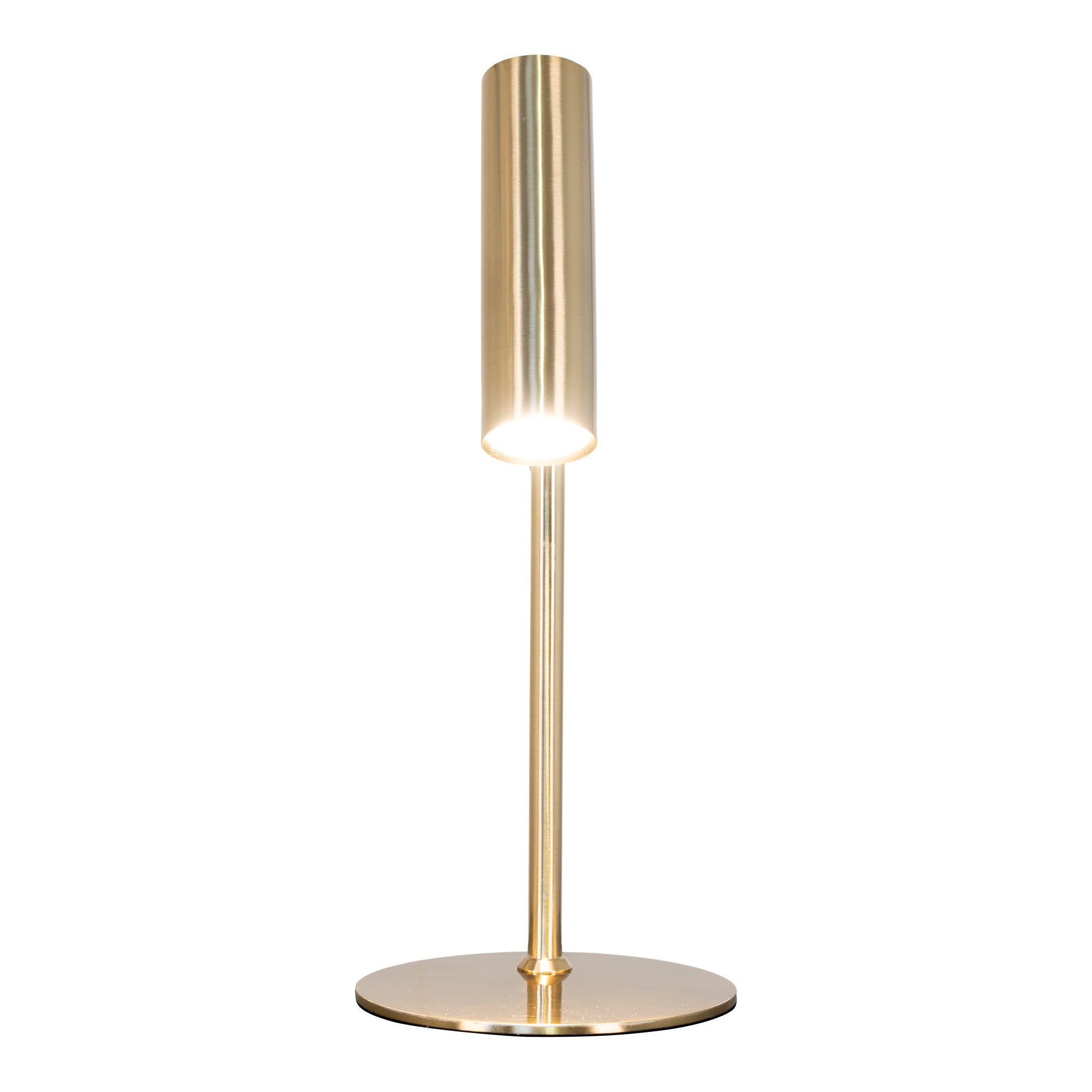 Lampe de table Paris laiton doré allumée position verticale, lumière ambrée, fond blanc