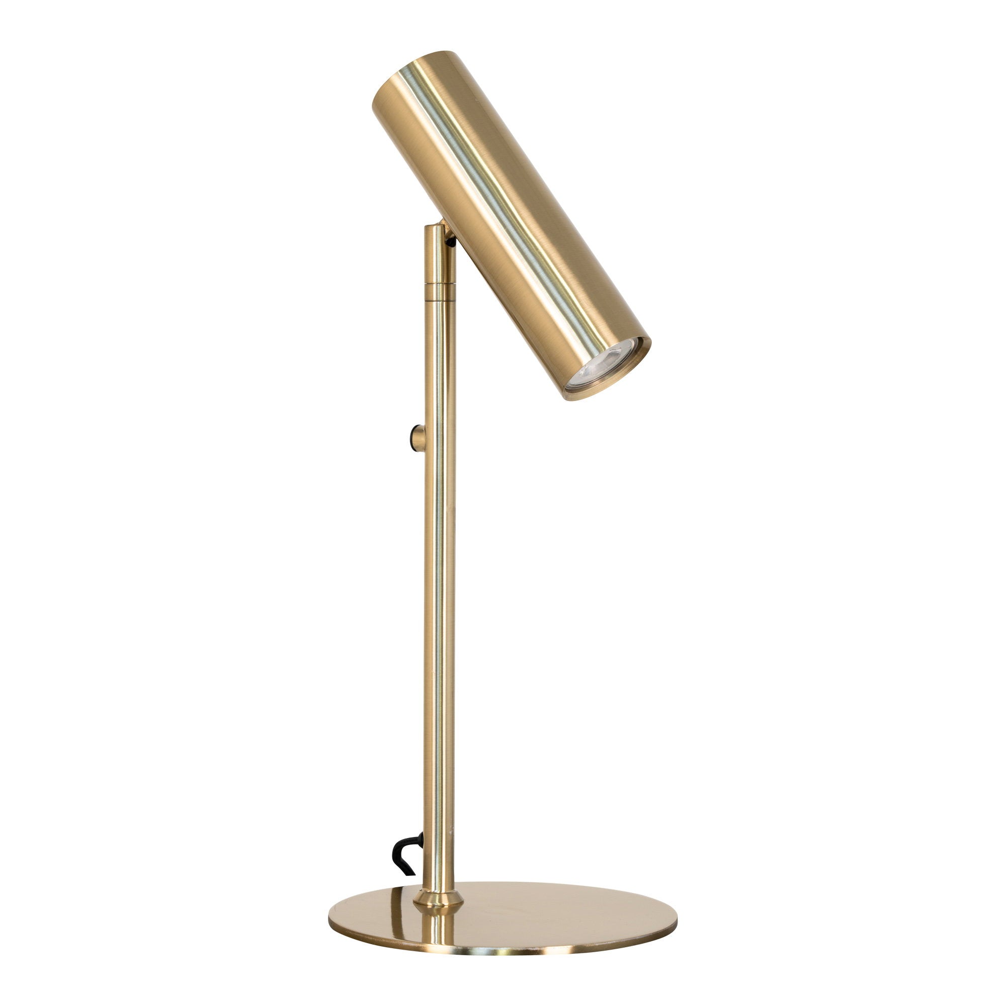 Lampe de table Paris laiton doré orientable, cylindre acier brossé, base circulaire, fond blanc