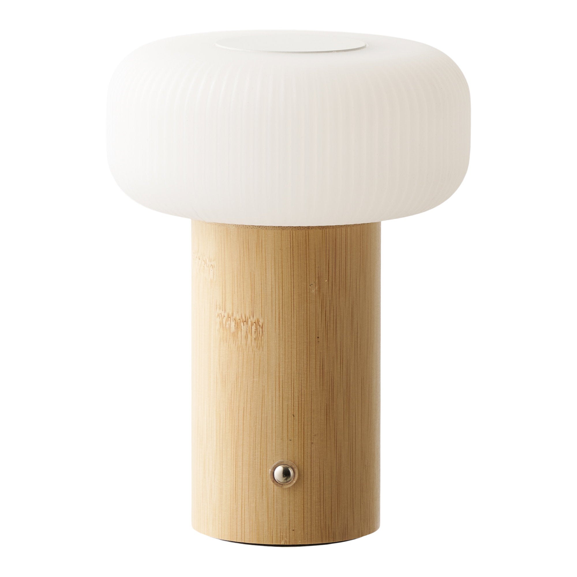Lampe de table rechargeable Stafford bambou naturel abat-jour PE blanc design champignon