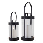 Lanternes Bondi en acier noir et verre anses plates relevées et bougies allumées