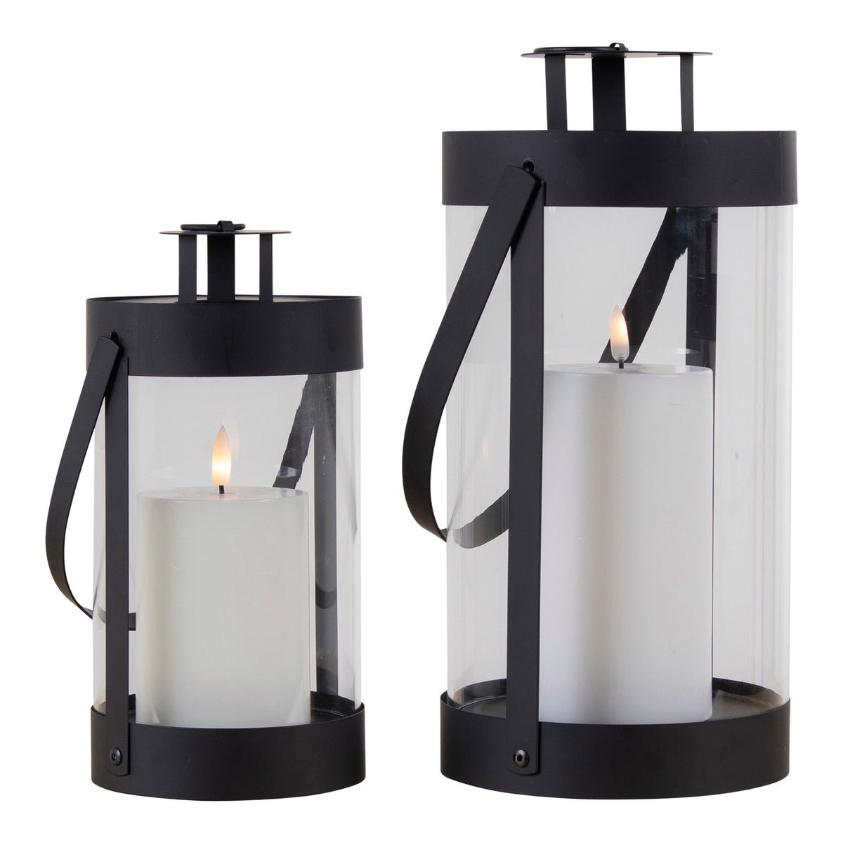 Deux lanternes Bondi en acier noir et verre petite et grande avec une bougie pilier allumée