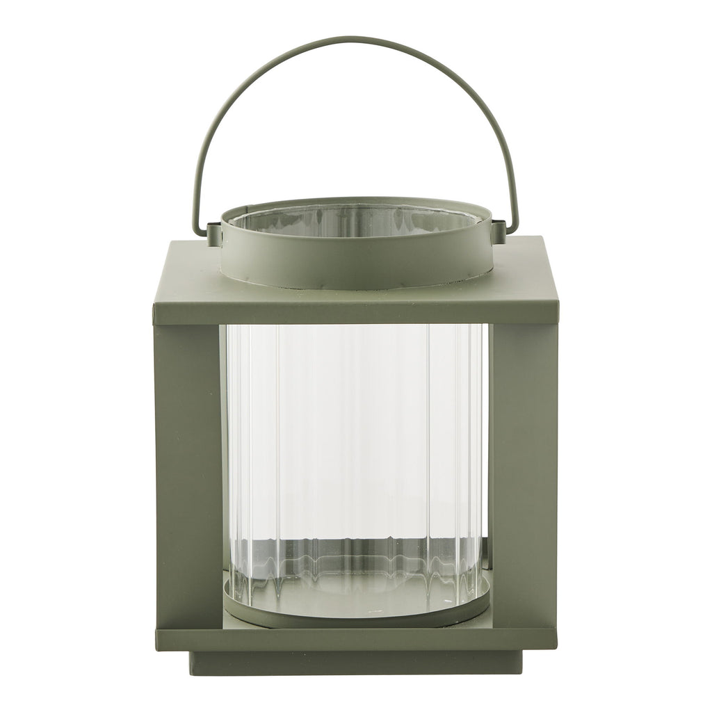 Lanterne photophore Lohals vert kaki métal mat et cylindre verre strié, vue de face