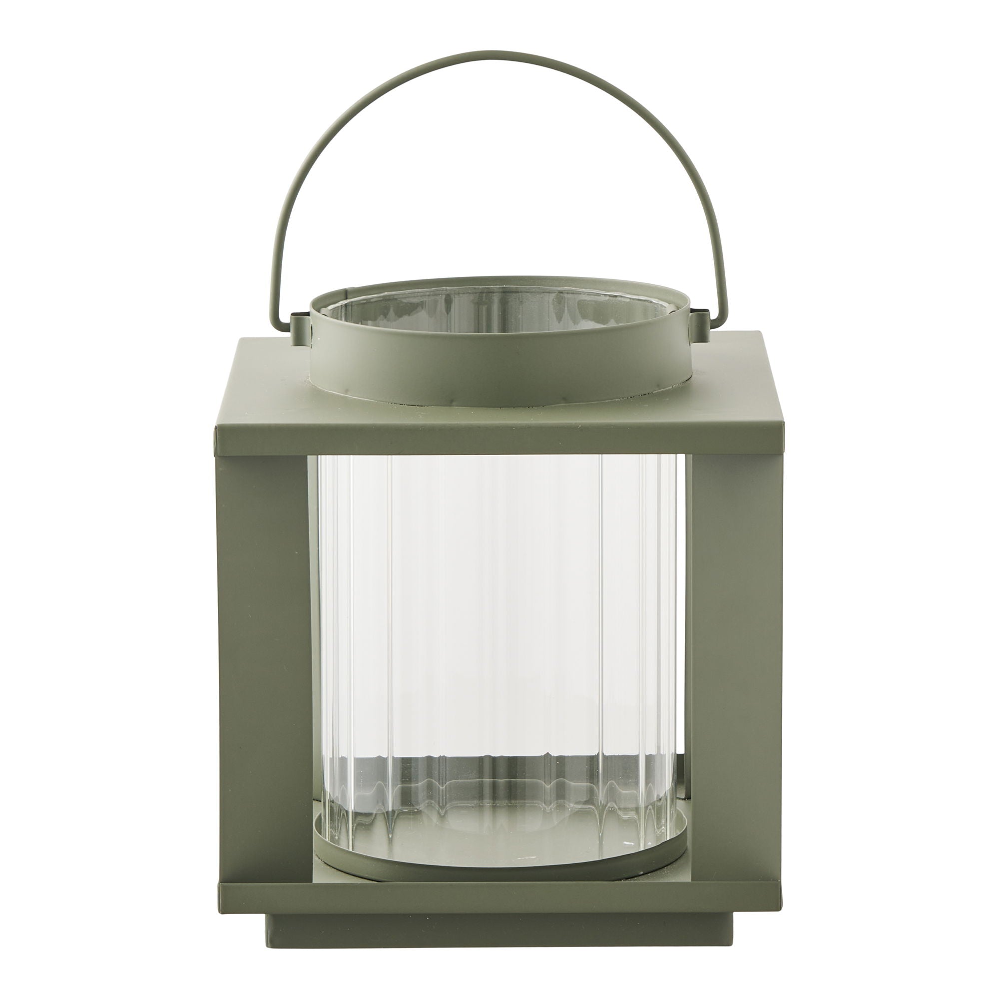 Lanterne photophore Lohals vert kaki métal mat et cylindre verre strié, vue de face