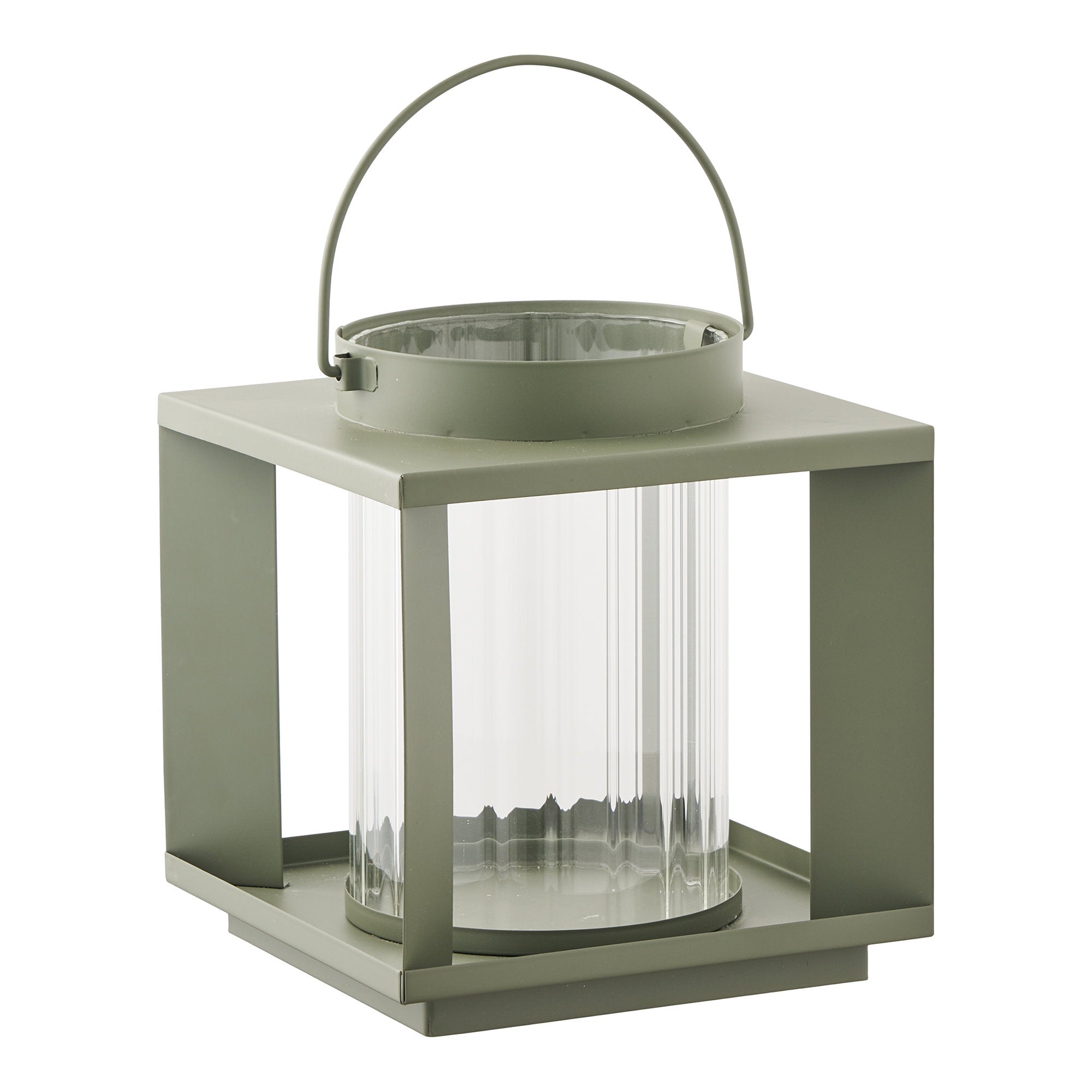 Lanterne Lohals vert kaki métal laqué mat et verre strié transparent, vue de trois quarts