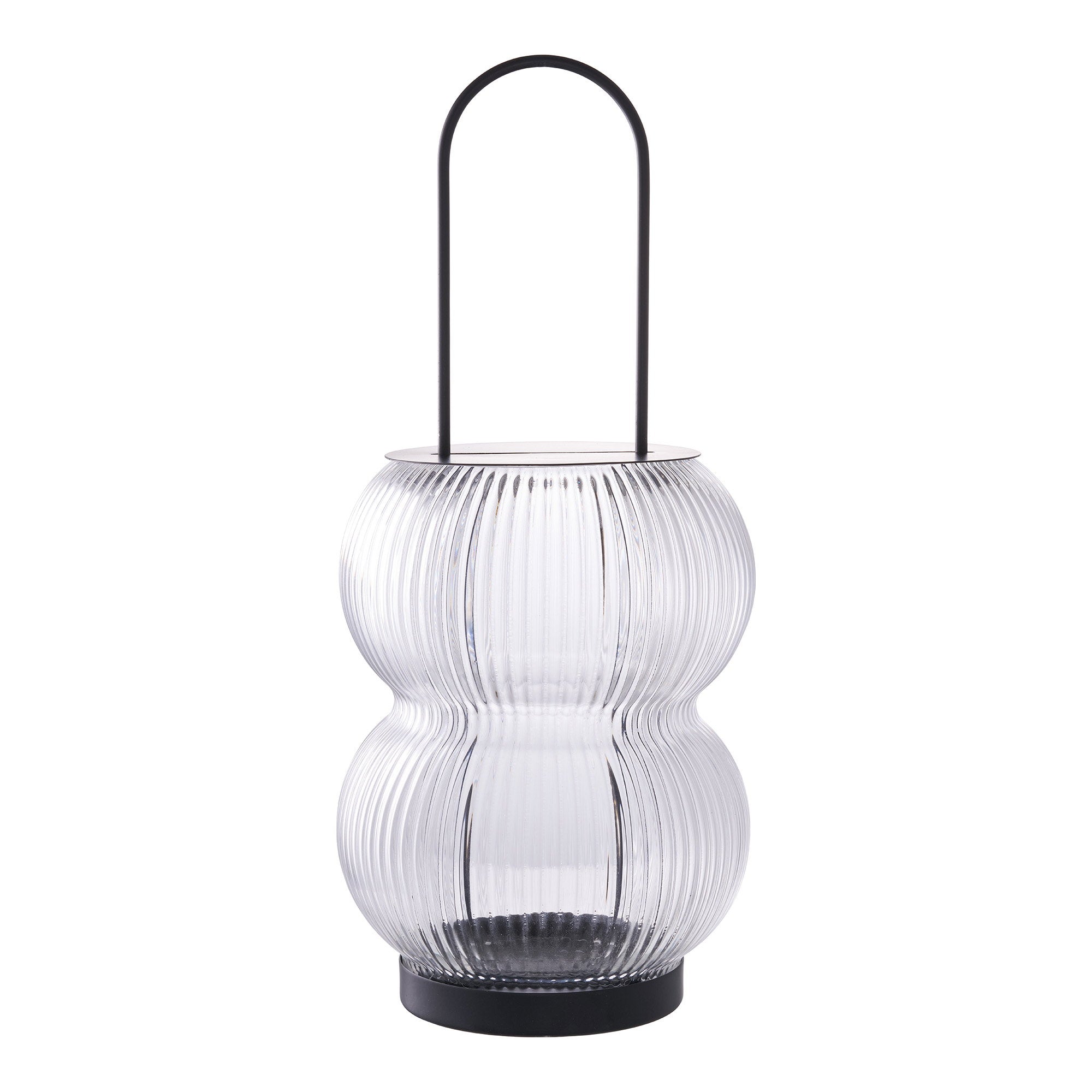 Lanterne Lucena en verre côtelé transparent et métal noir, vue de face fond blanc