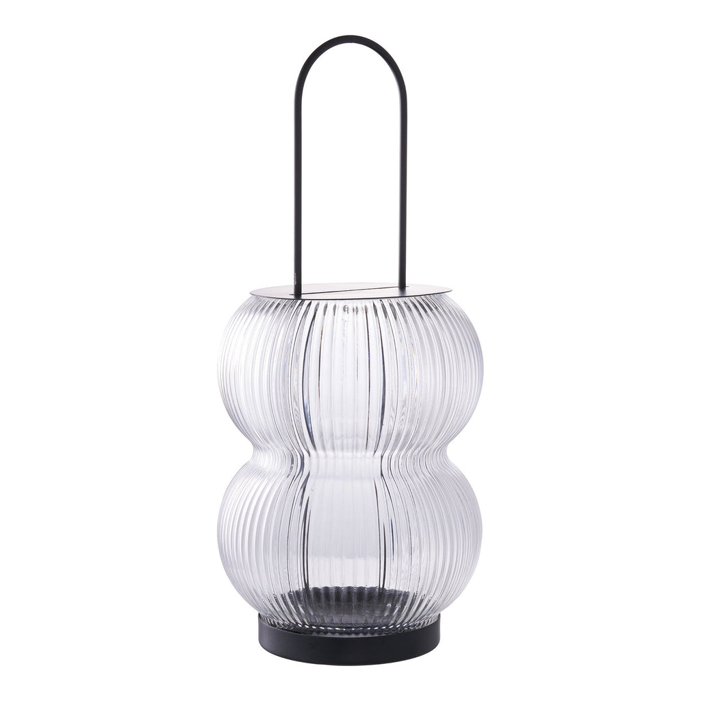 Lanterne Lucena verre strié bilobé avec anse métal noir, vue trois quarts