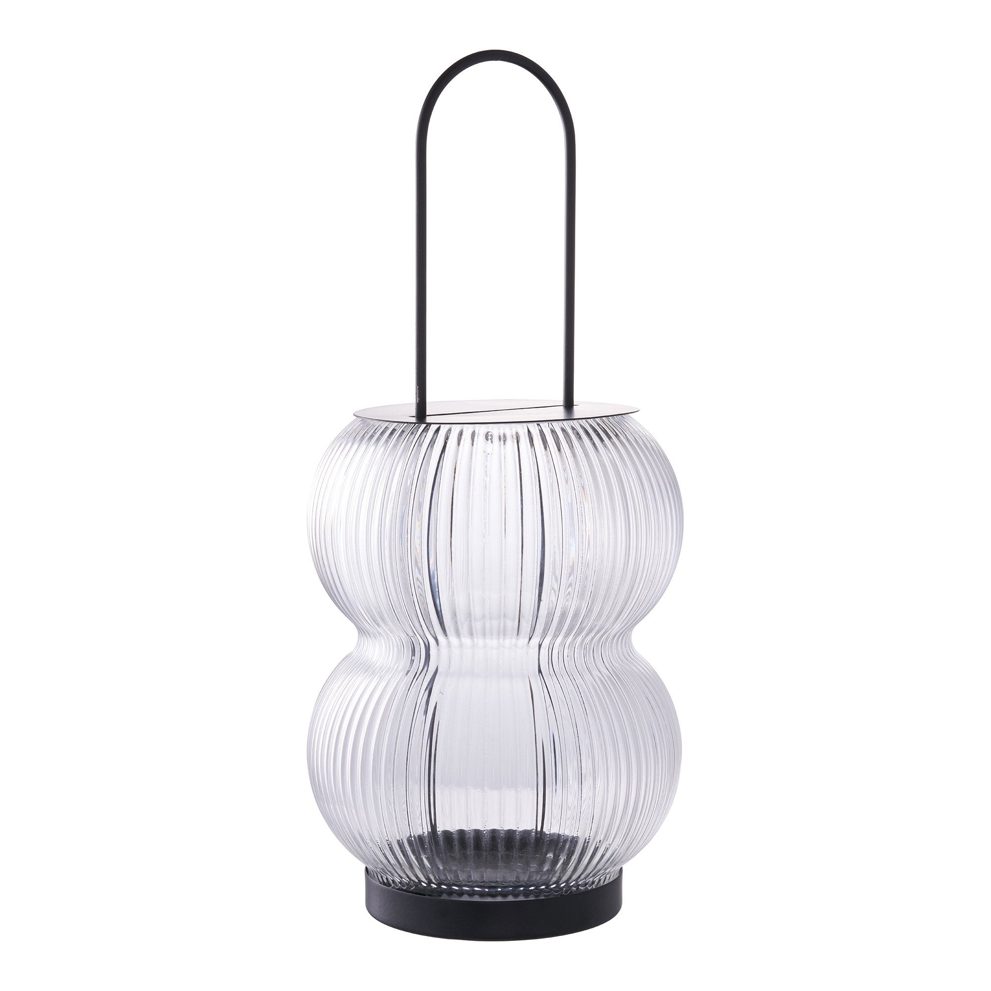Lanterne Lucena verre strié bilobé avec anse métal noir, vue trois quarts