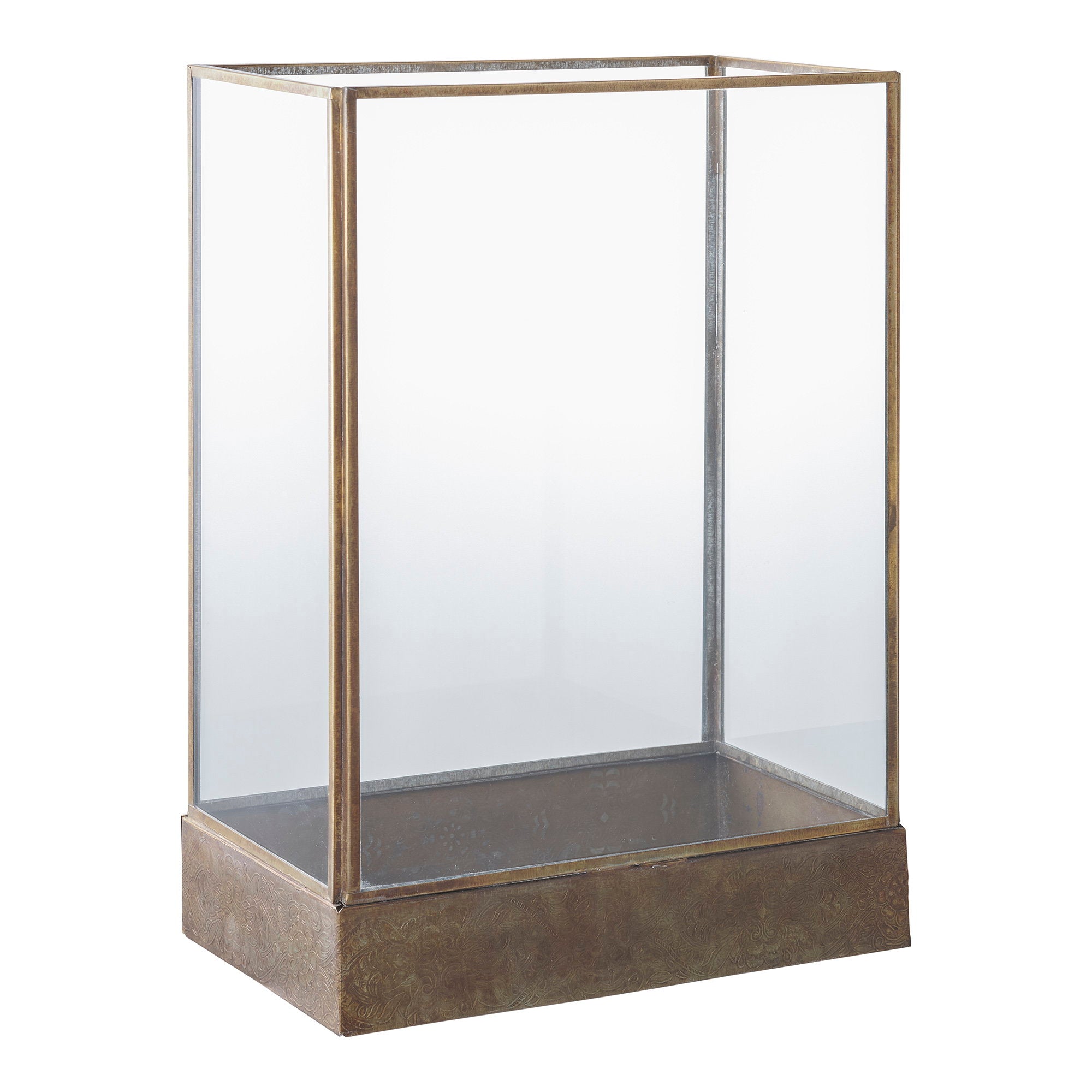 Lanterne Manali laiton antique verre transparent ouverte, vue trois quarts fond blanc