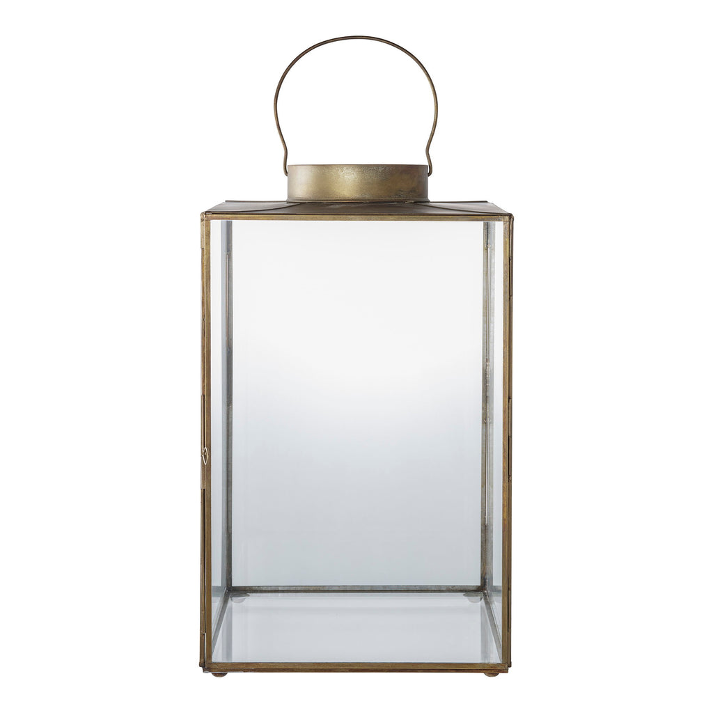 Grande lanterne Mohali en métal laiton antique et verre transparent, vue de face fond blanc