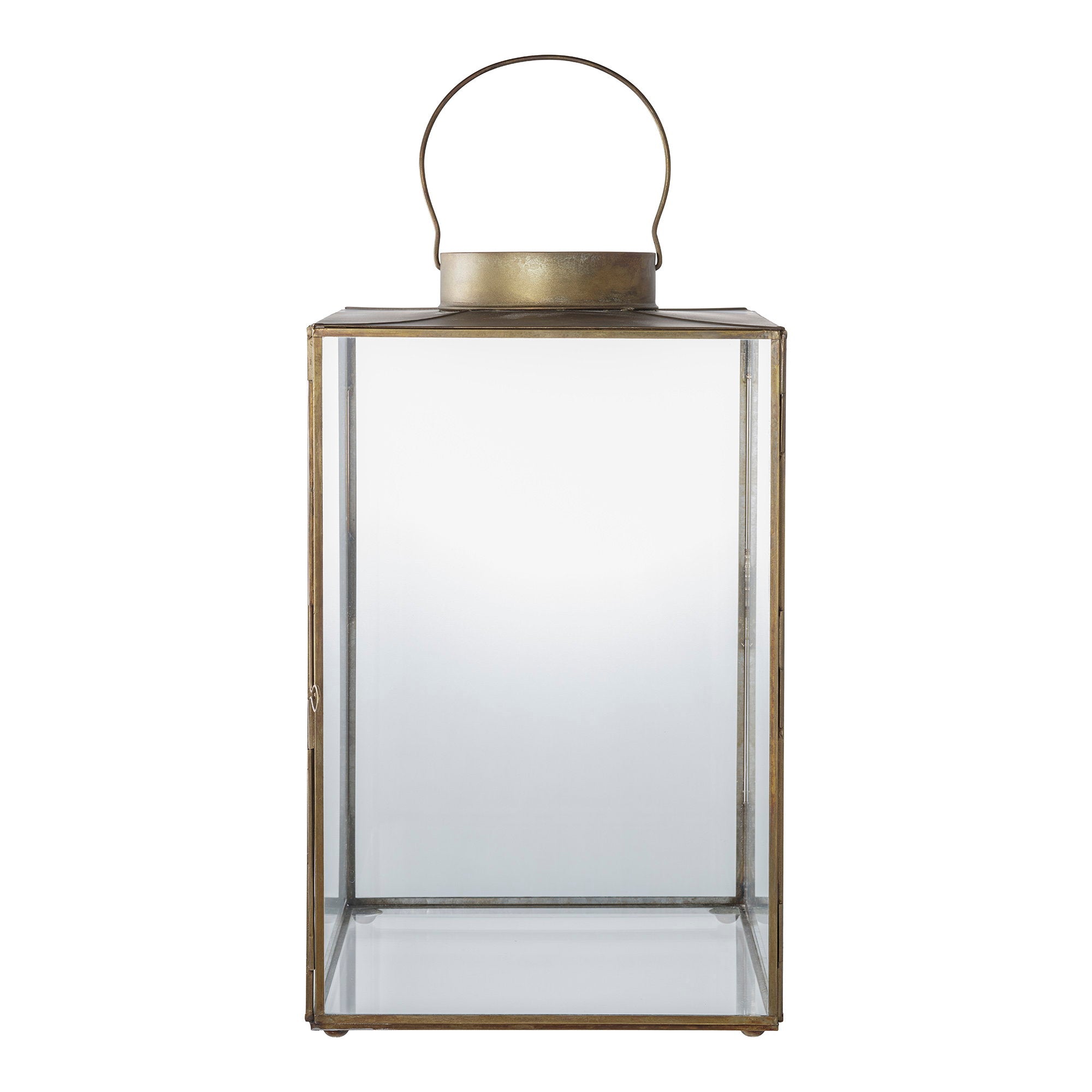 Grande lanterne Mohali en métal laiton antique et verre transparent, vue de face fond blanc