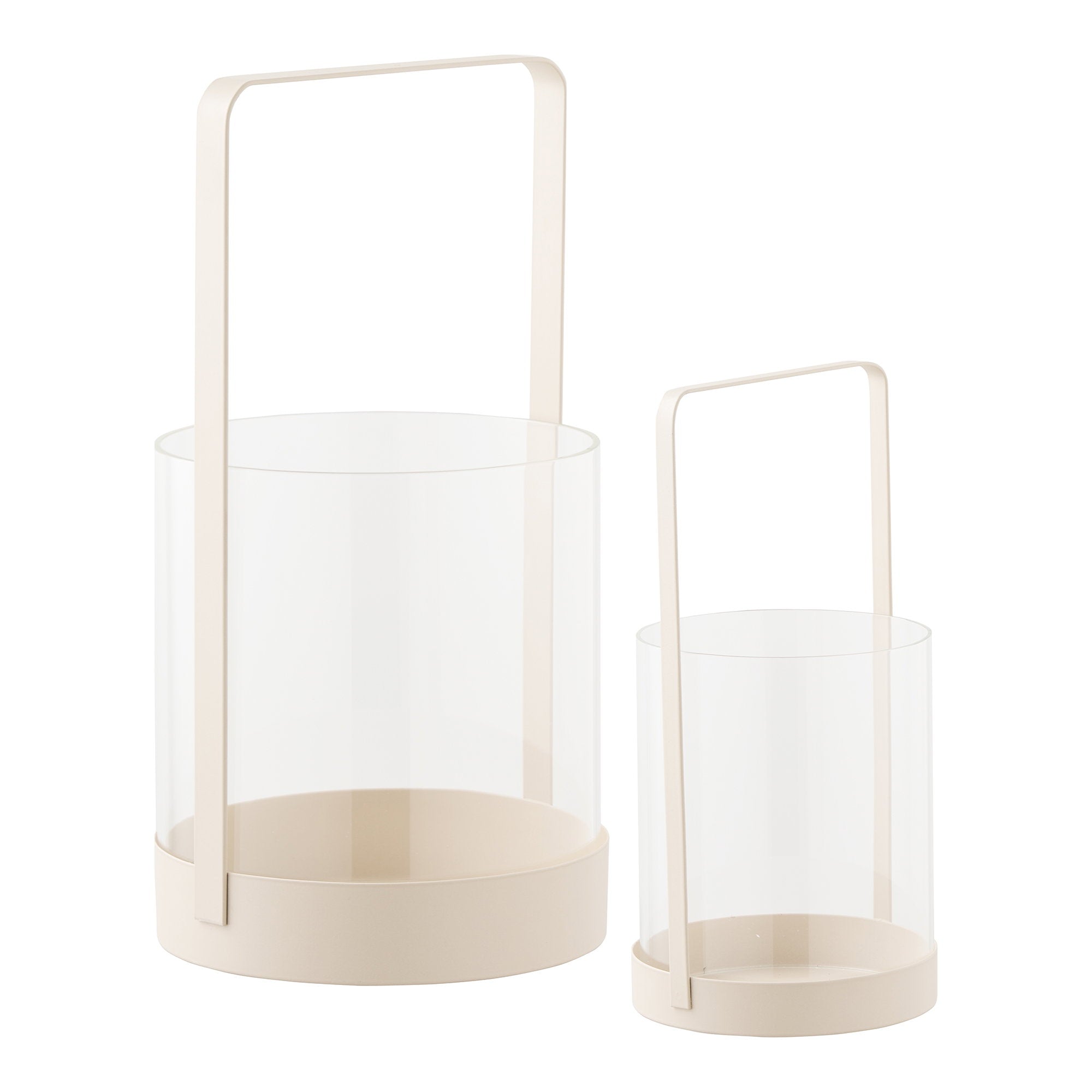 Duo de lanternes photophores Paris beige métal, cylindres verre transparent, vue de face