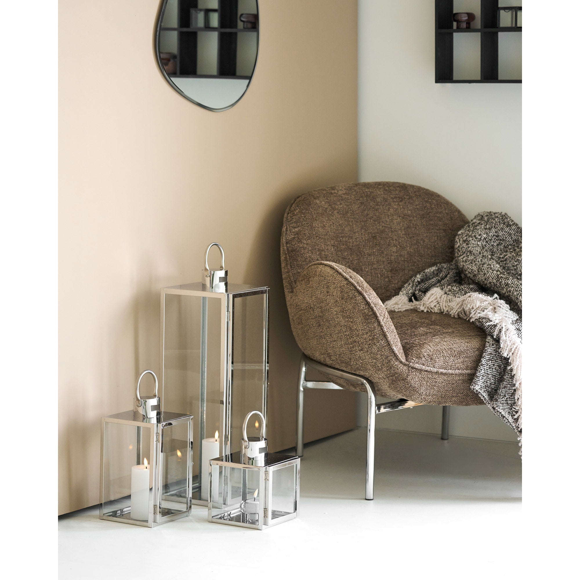 Lanterne Pota acier et verre lot de 3 en situation