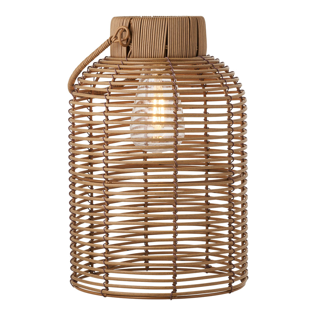 Lanterne solaire Brentford polyrattan naturel allumée, ampoule filament dorée, vue de trois quarts