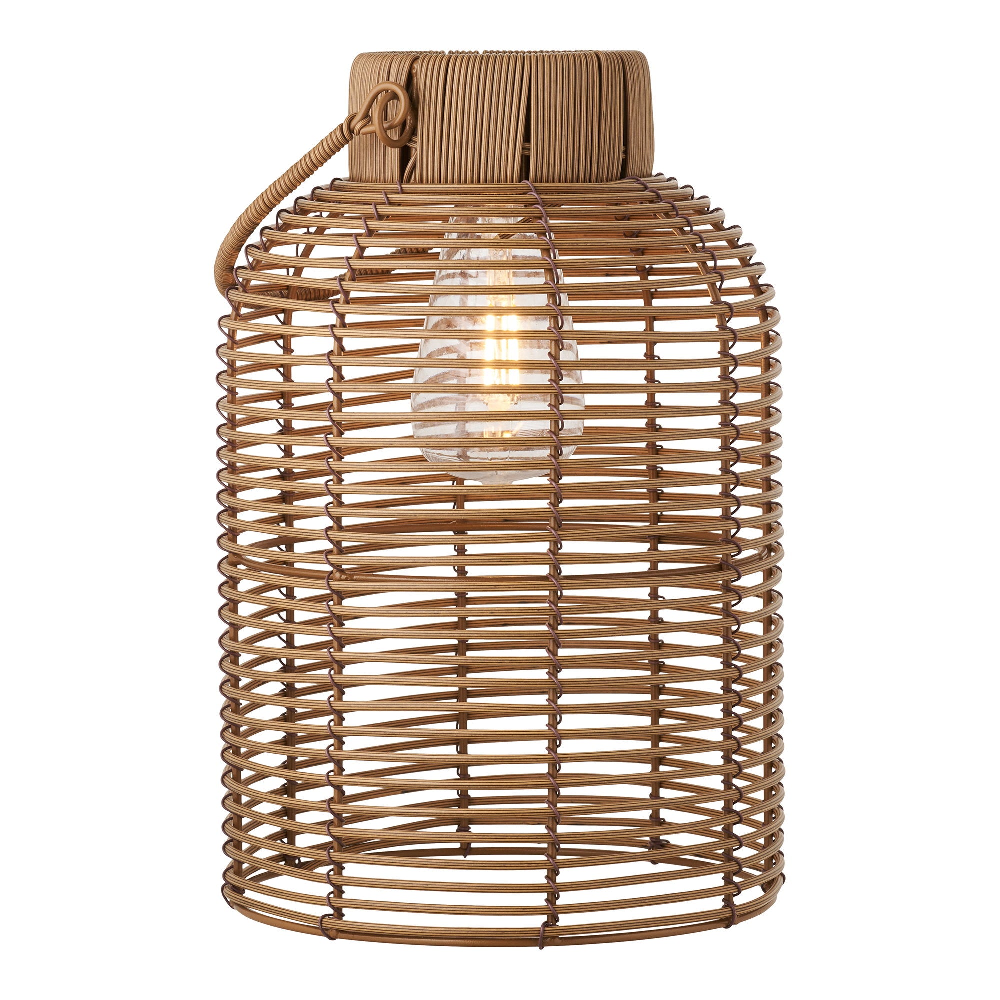 Lanterne solaire Brentford polyrattan naturel allumée, ampoule filament dorée, vue de trois quarts