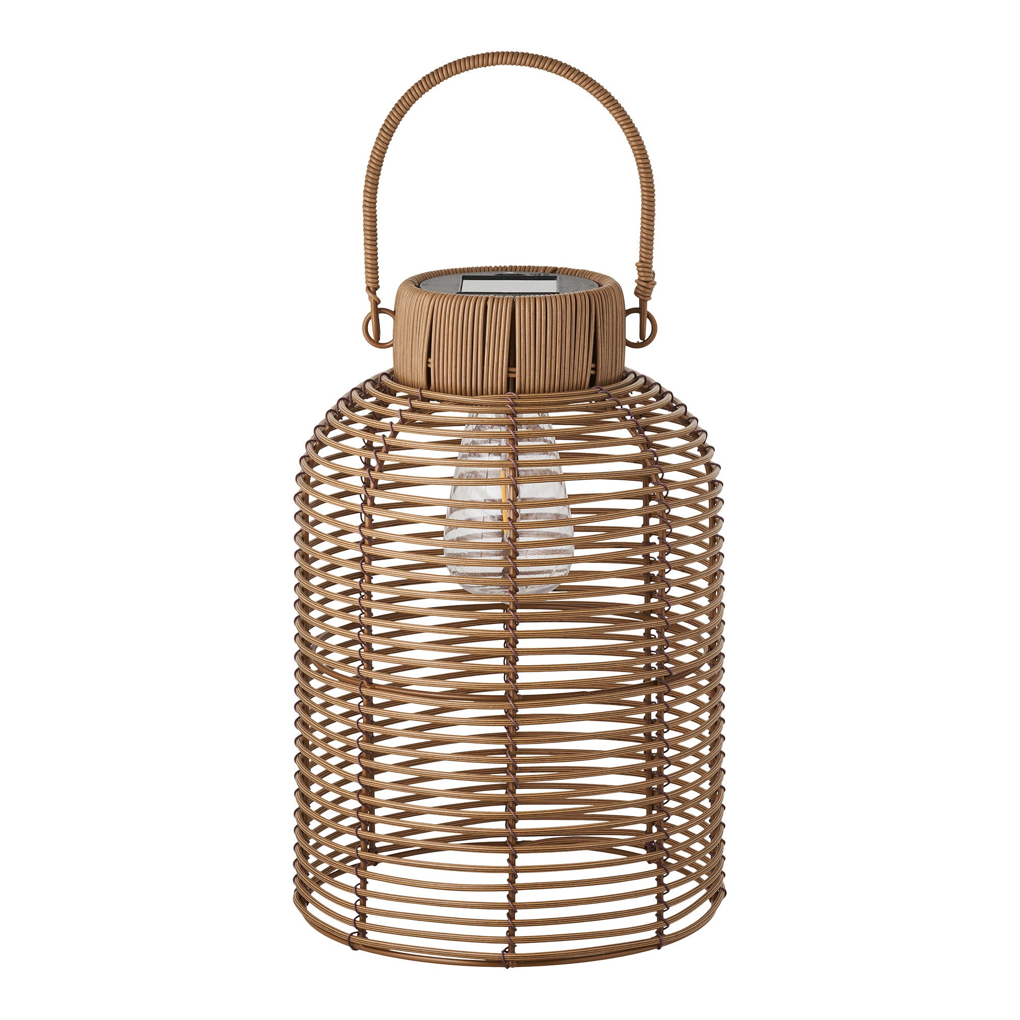 Lanterne solaire Brentford brun naturel en polyrattan tressé, poignée rotin, ampoule filament