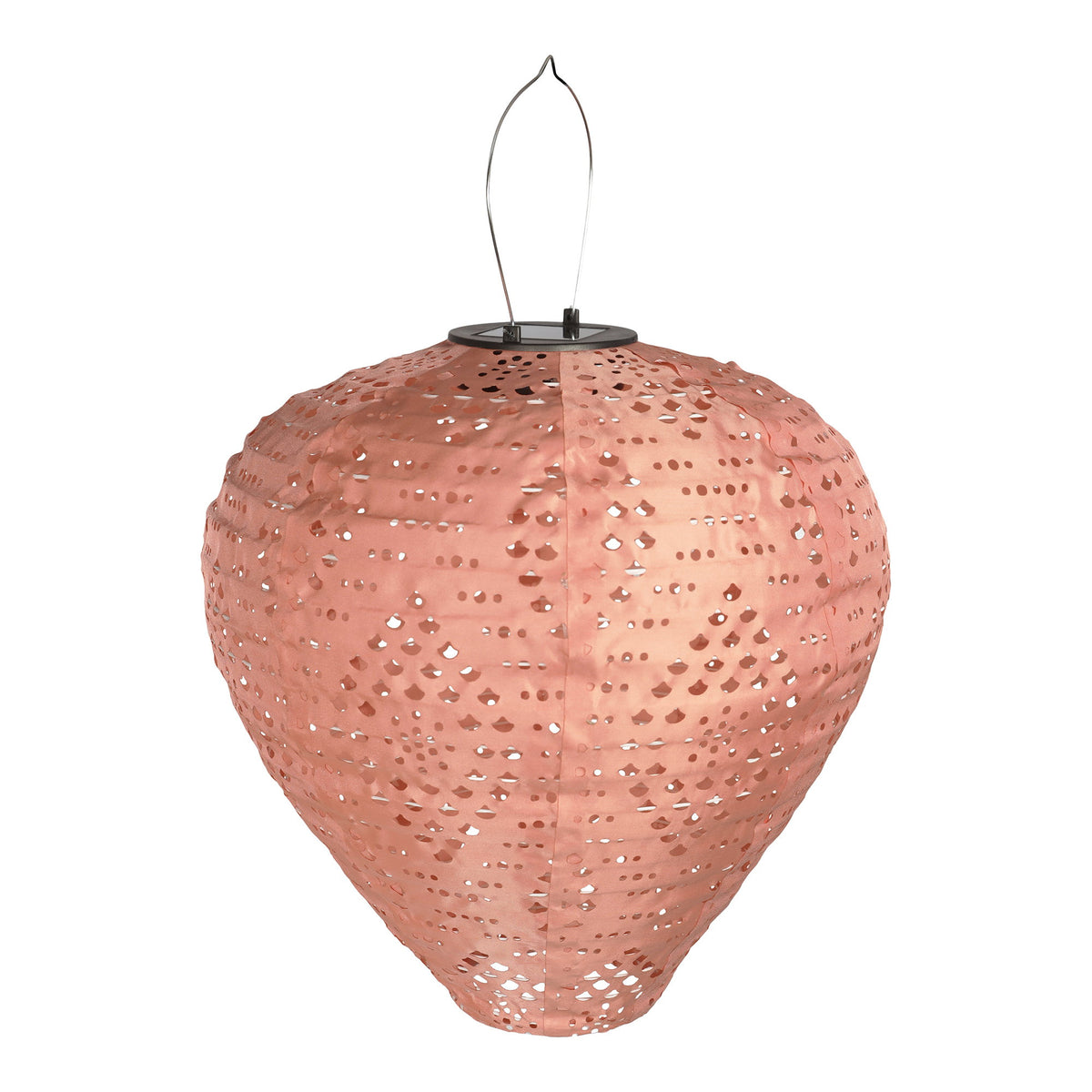 Lanterne solaire Greatham rose poudré en tissu ajouré avec anse en acier et module solaire au sommet