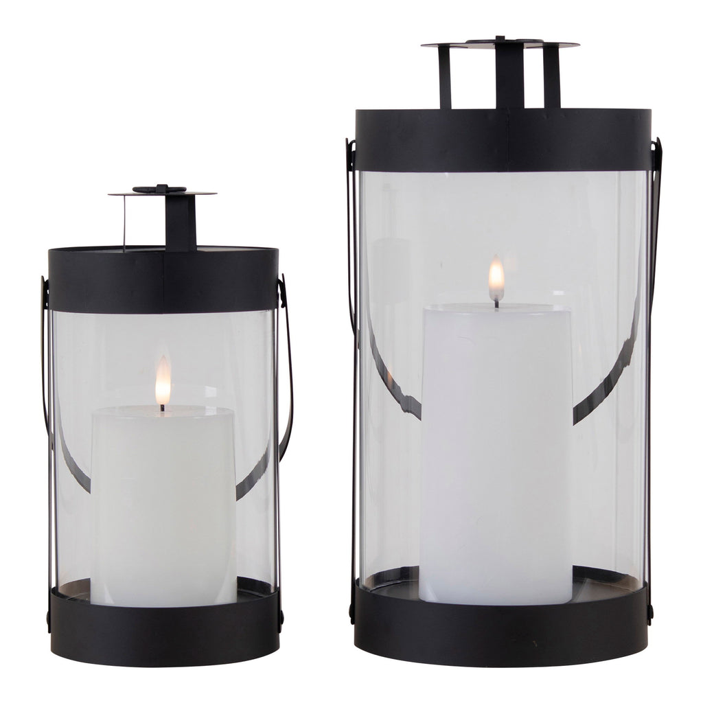 Lot de 2 lanternes Bondi noires bougies allumées vue de face fond blanc