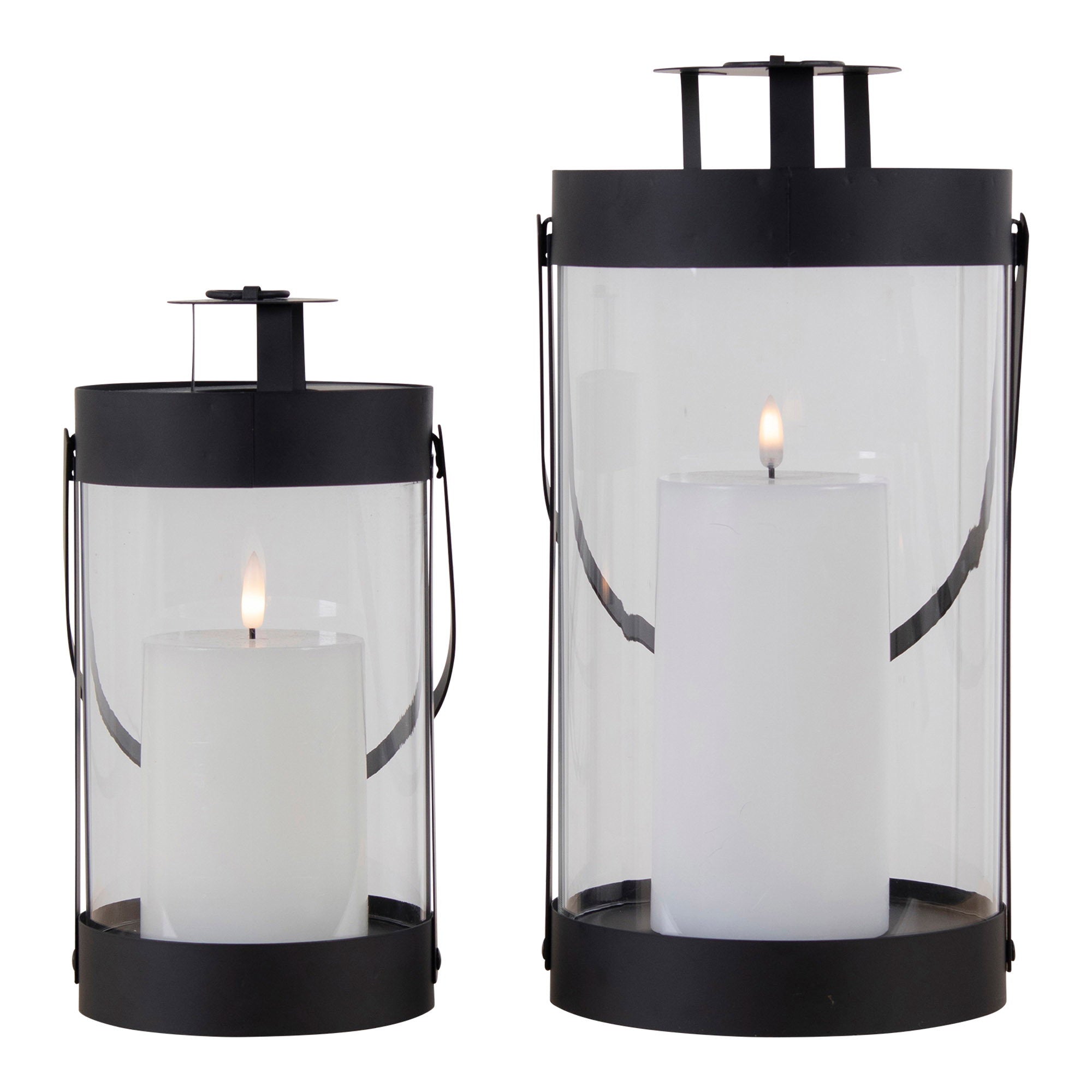 Lot de 2 lanternes Bondi noires bougies allumées vue de face fond blanc