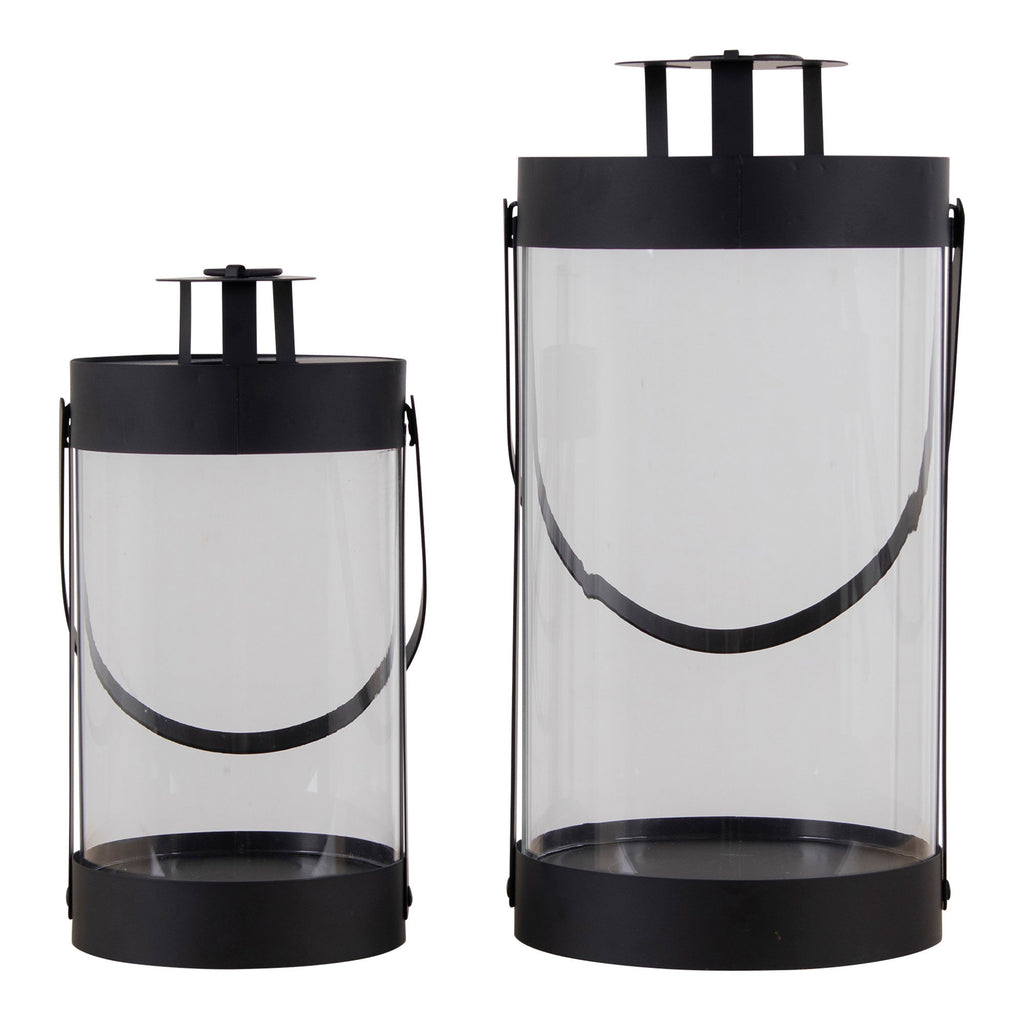 Lot de 2 lanternes Bondi noires cylindriques vides, vue de face fond blanc