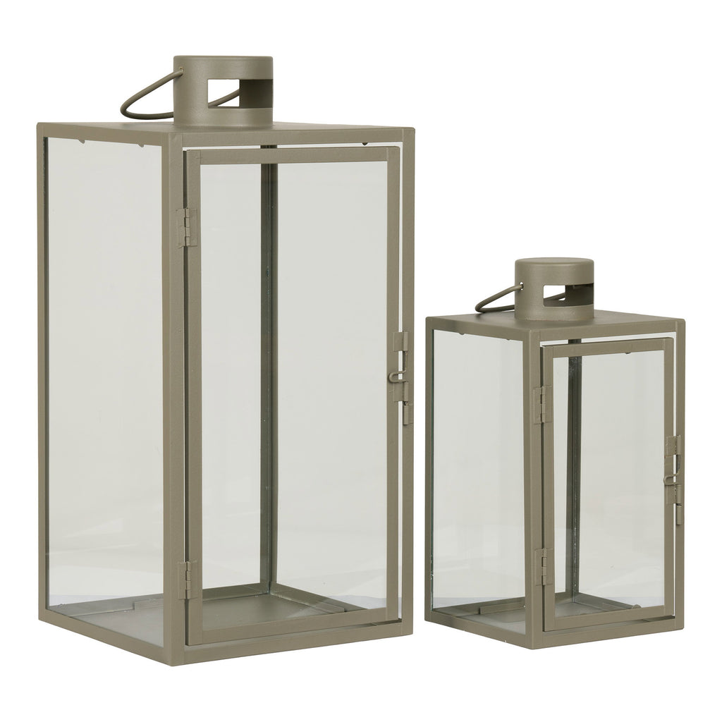 Lot de 2 lanternes Corfu vert kaki métal verre vides, vue trois quarts fond blanc