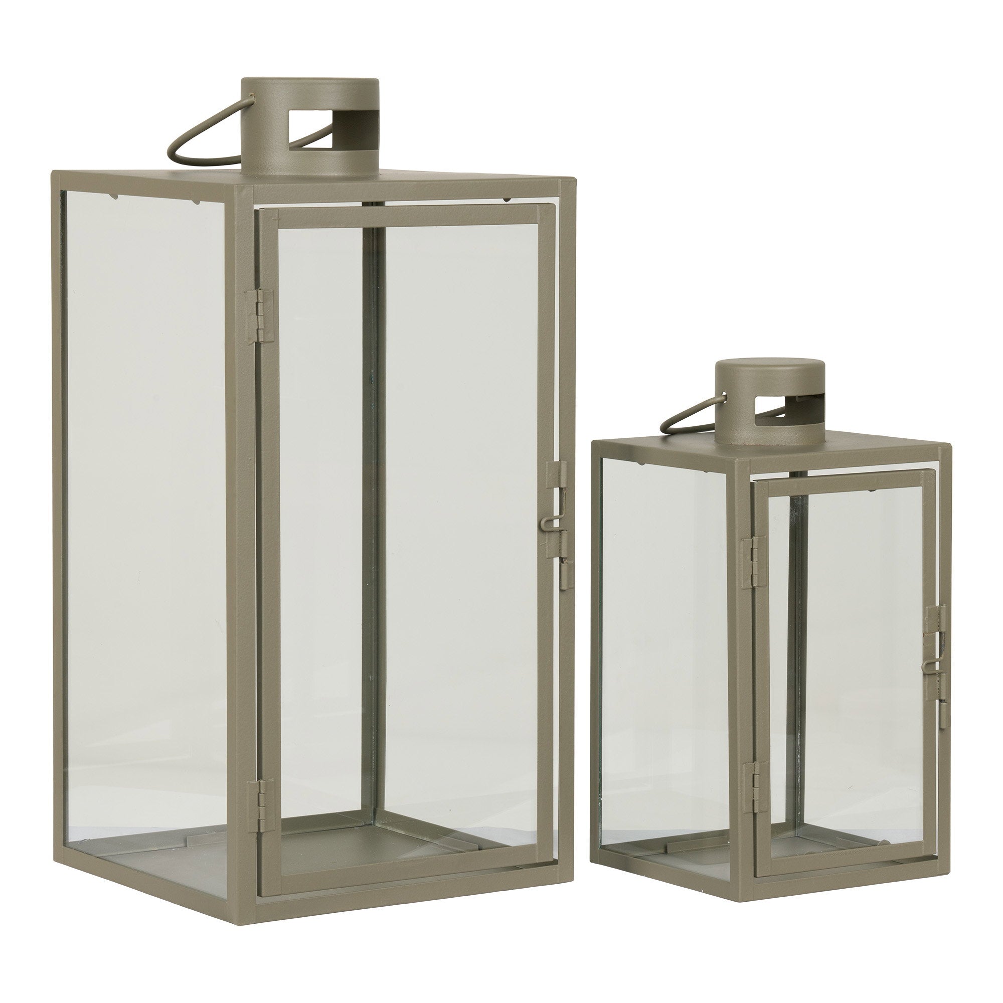 Lot de 2 lanternes Corfu vert kaki métal verre vides, vue trois quarts fond blanc