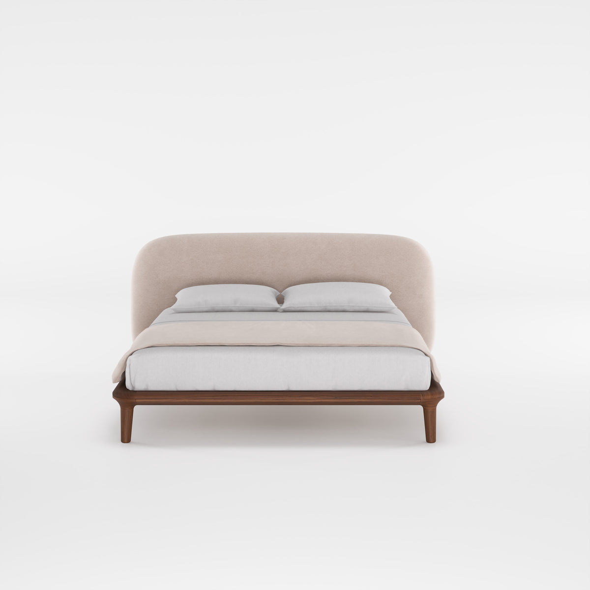 Lit Noray en noyer et tissu beige rosé vu de face