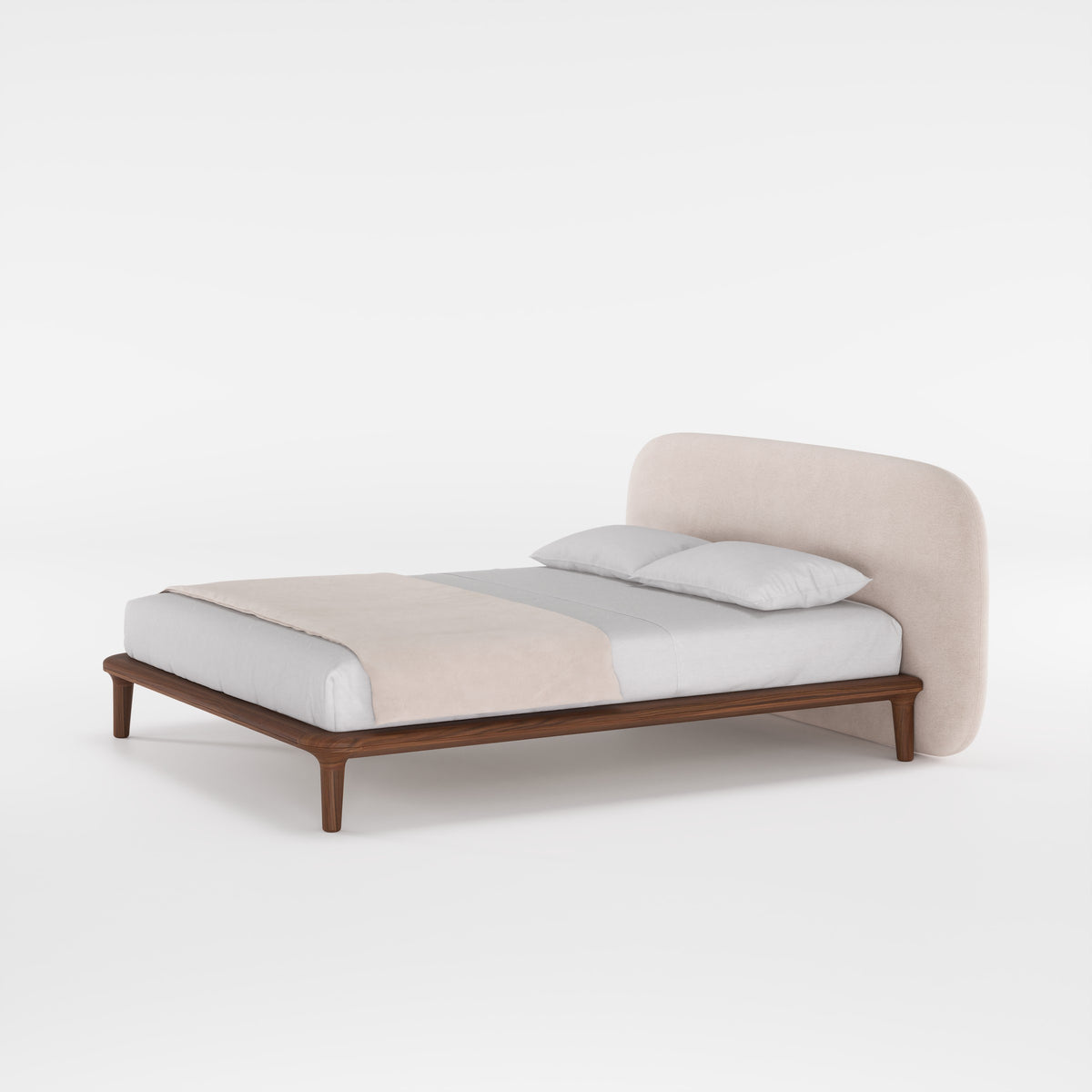 Lit Noray en noyer et tissu beige rosé vu de trois quarts