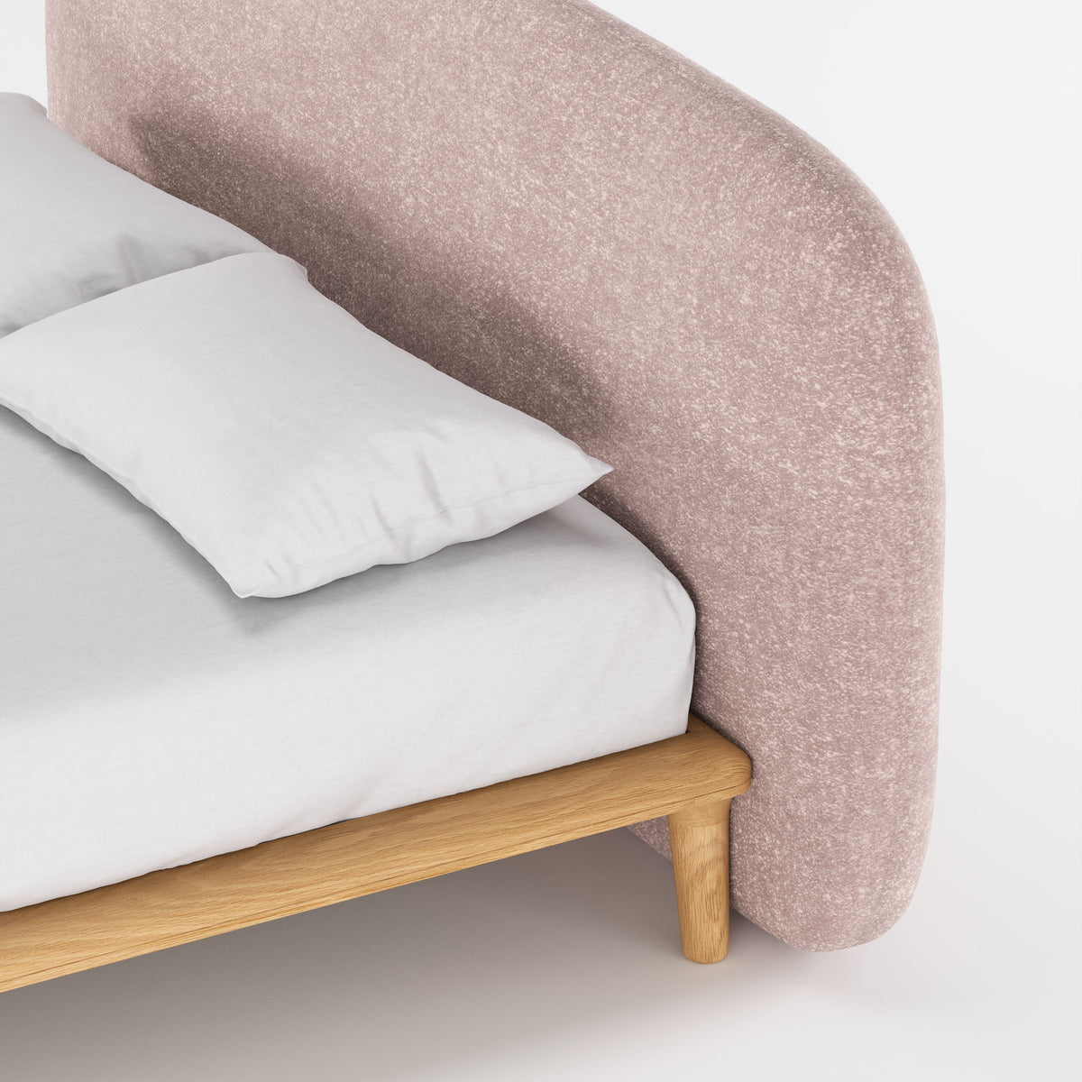 Tête de lit du lit Noray en chêne et tissu rose poudré, en gros plan