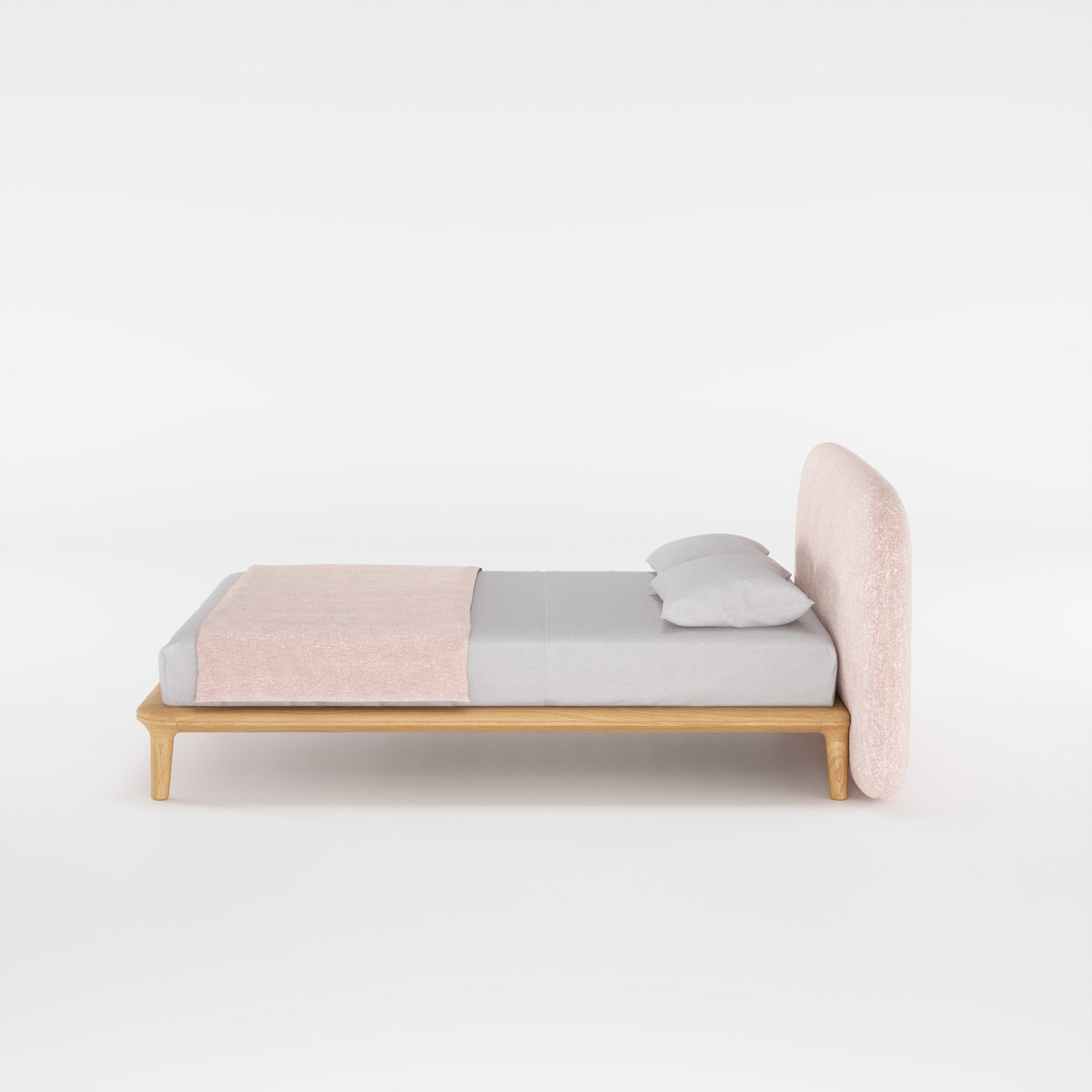 Lit Noray en chêne et tissu rose poudré vu de profil