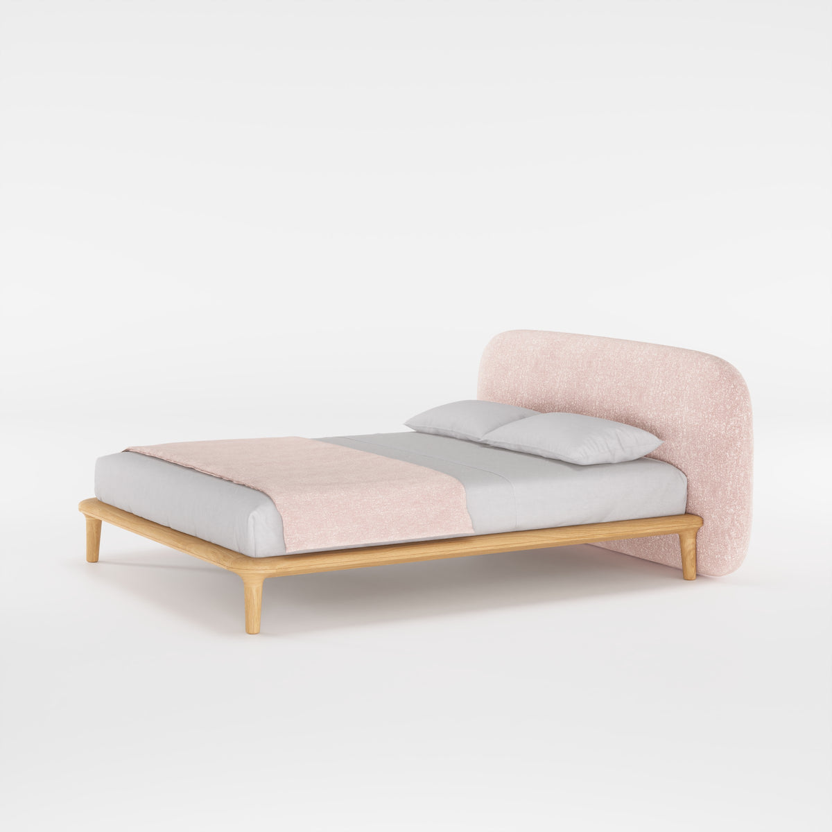 Lit Noray en chêne et tissu rose poudré vu de trois quarts