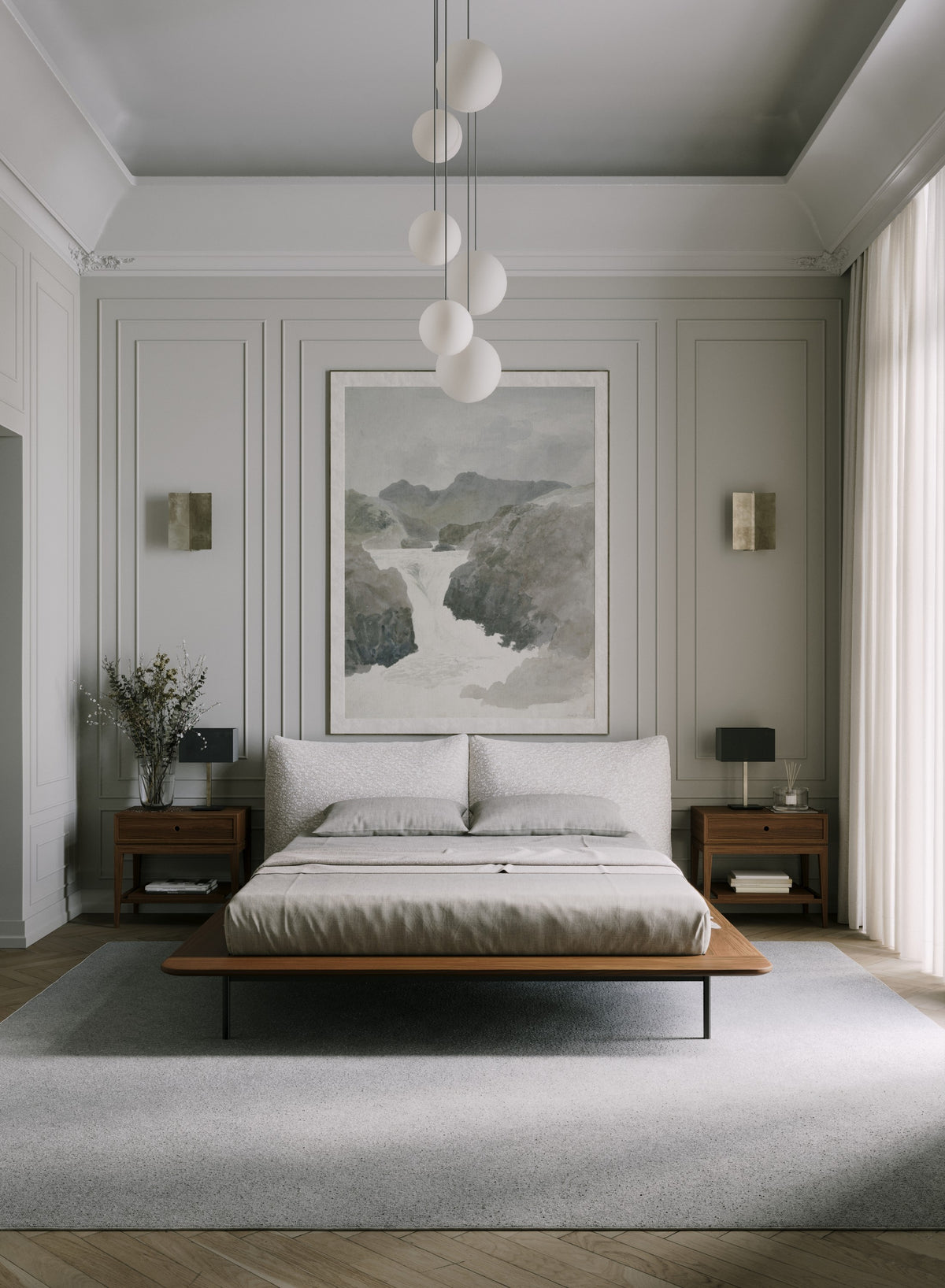 Lit Platform en noyer et tissu gris clair entre deux tables de chevet