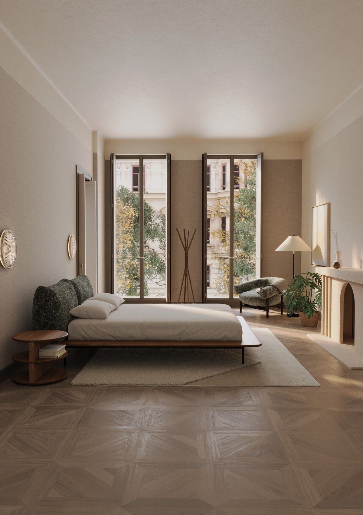 Lit Platform en noyer et tissu moucheté dans une chambre haute de plafond