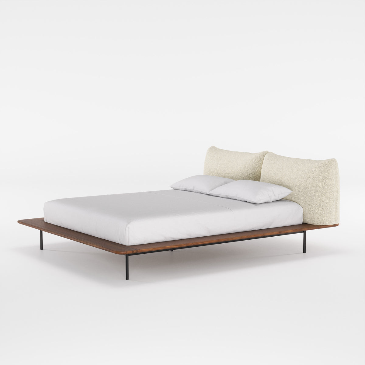 Lit Platform en noyer et tissu blanc cassé vu de trois quarts