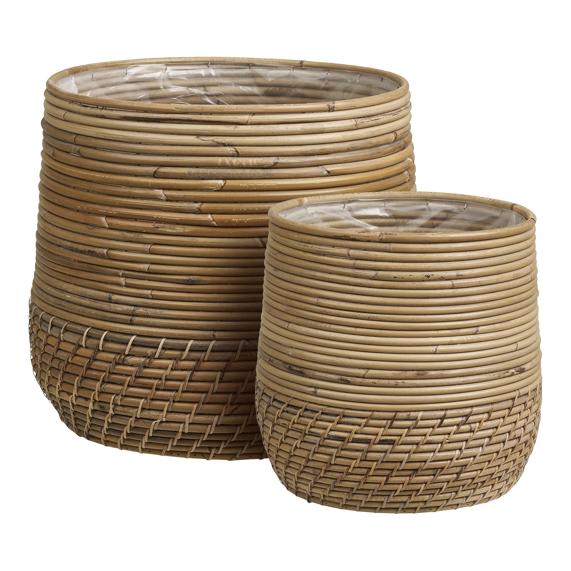 Lot 2 cache-pots Moro rotin kubu naturel double tressage spires chevrons 2 tailles vue trois quarts