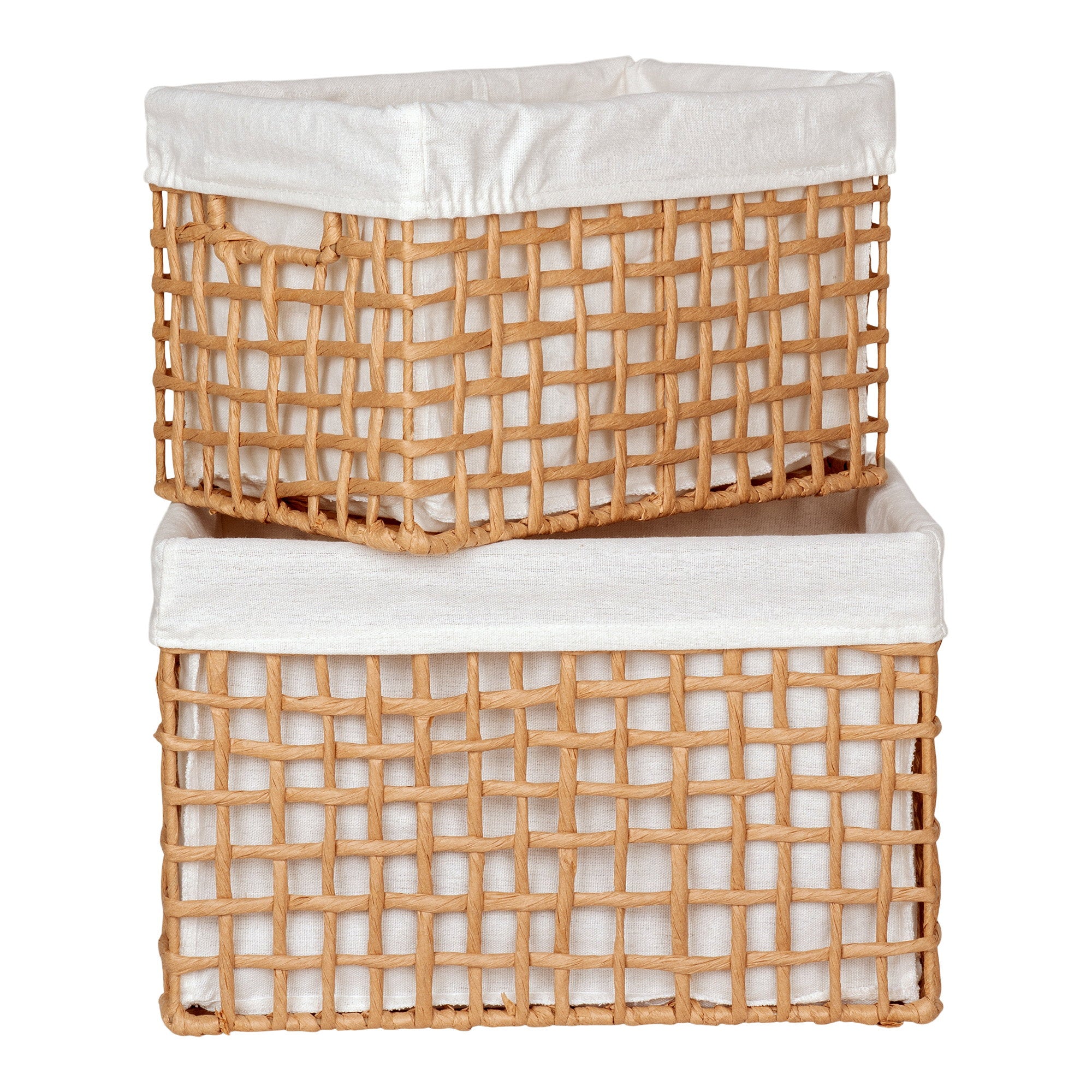 Lot paniers Bustelo corde papier naturel empilés détail mailles carrées armature métal