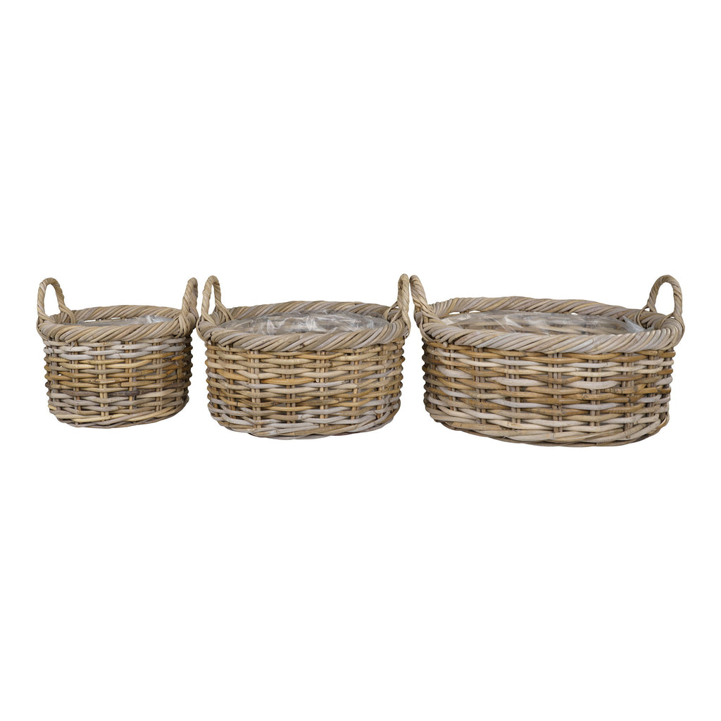 Lot 3 cache-pots bas Kuta rotin kubu naturel anses torsadées 3 tailles vue de face
