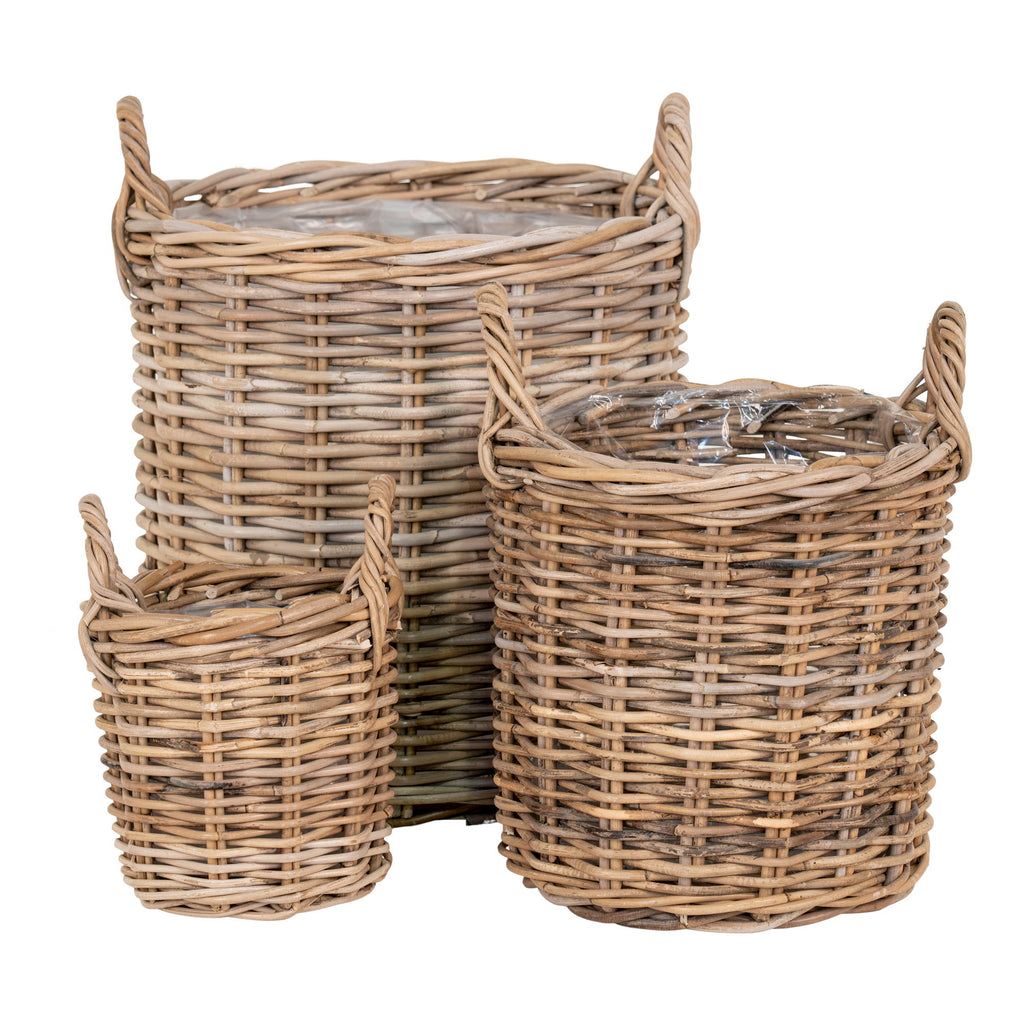 Lot 3 cache-pots ronds Sema rotin kubu naturel tressé anses 3 tailles vue trois quarts