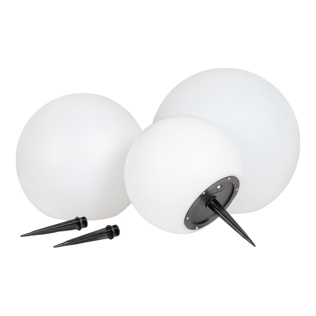 Lot 3 lampes solaires LED Lifton boules blanches piquets ancrage jardin fond blanc