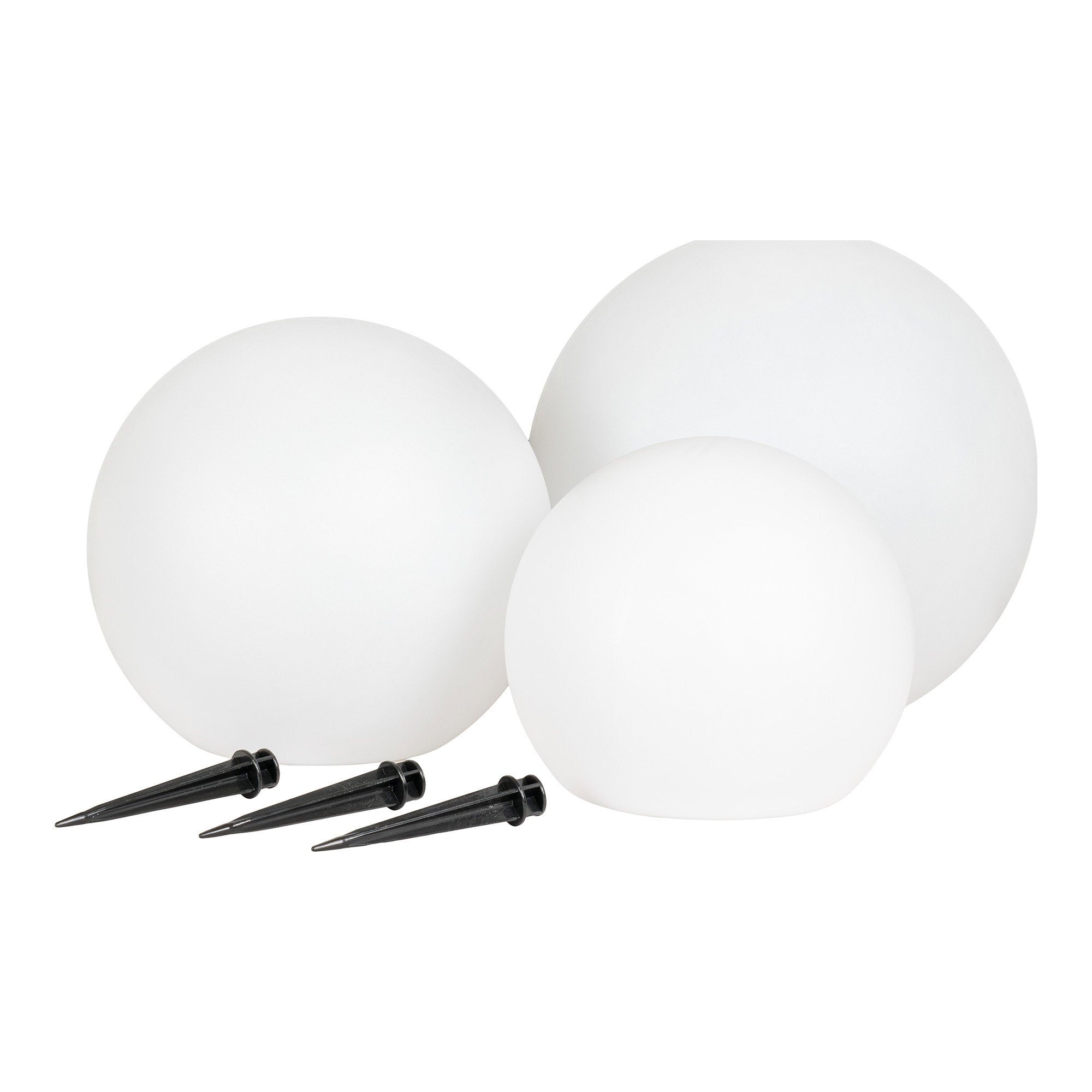 Lot 3 boules solaires Lifton blanches tailles Ø20 Ø25 Ø30 cm piquets fond blanc